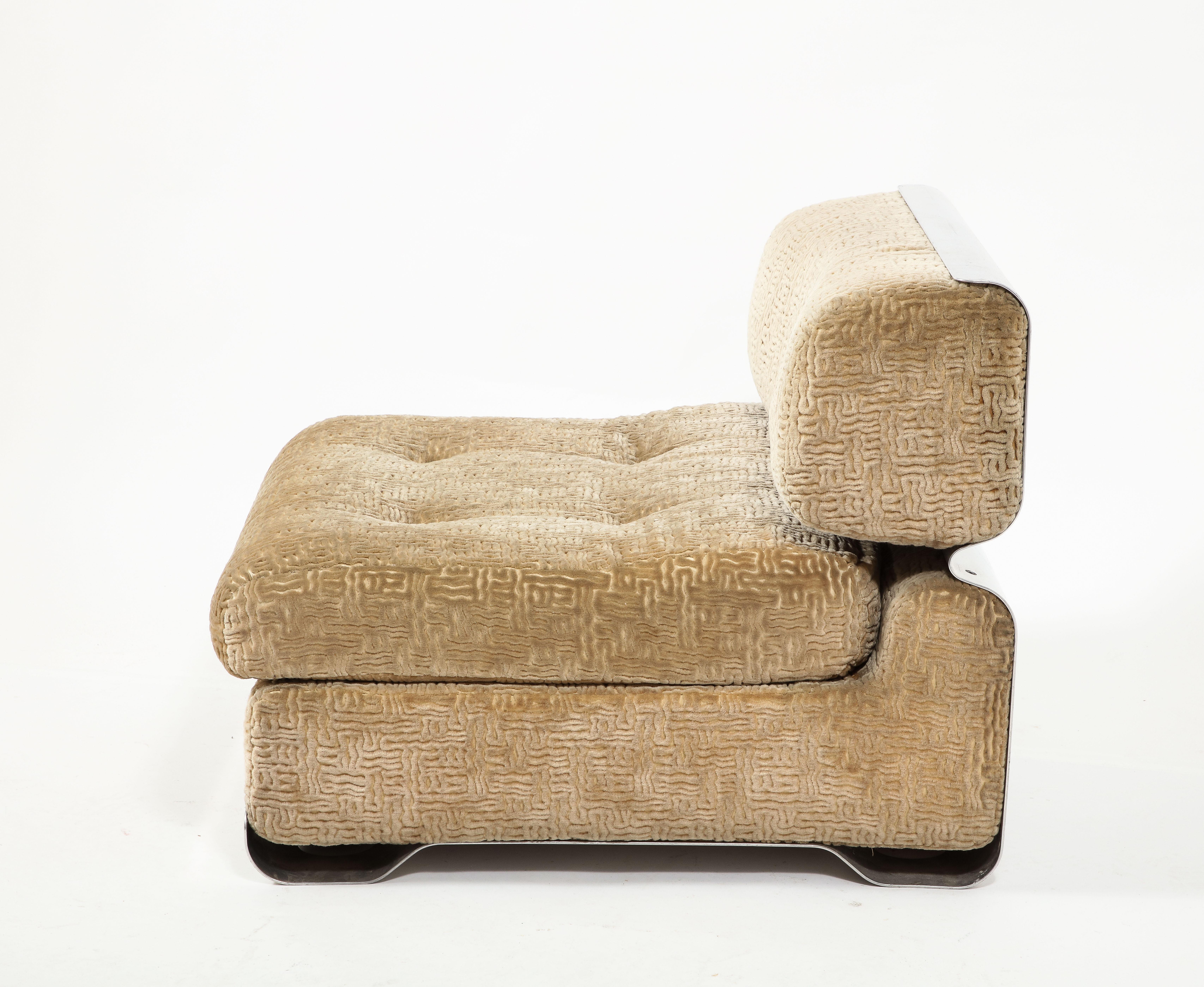Modern Gian Pietro Arosio, Three Aluminum & Velvet Armchairs Forming Sofa, Italy 1970's For Sale