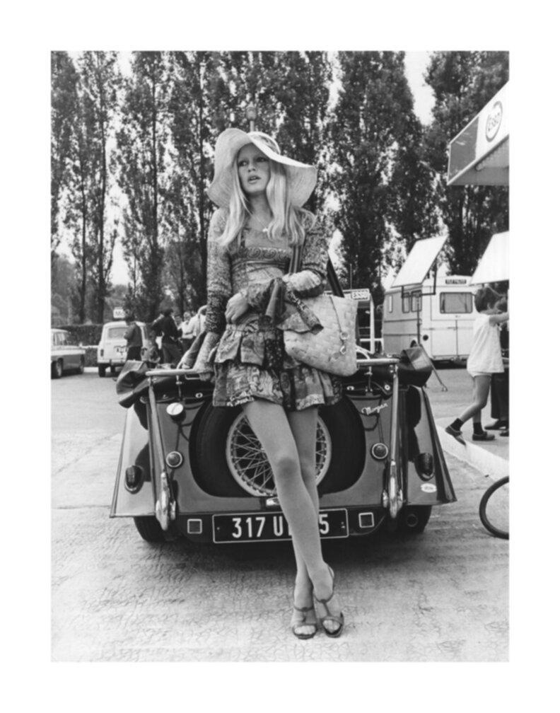 Giancarlo Botti Black and White Photograph - Brigitte Bardot Posed with Vintage Car