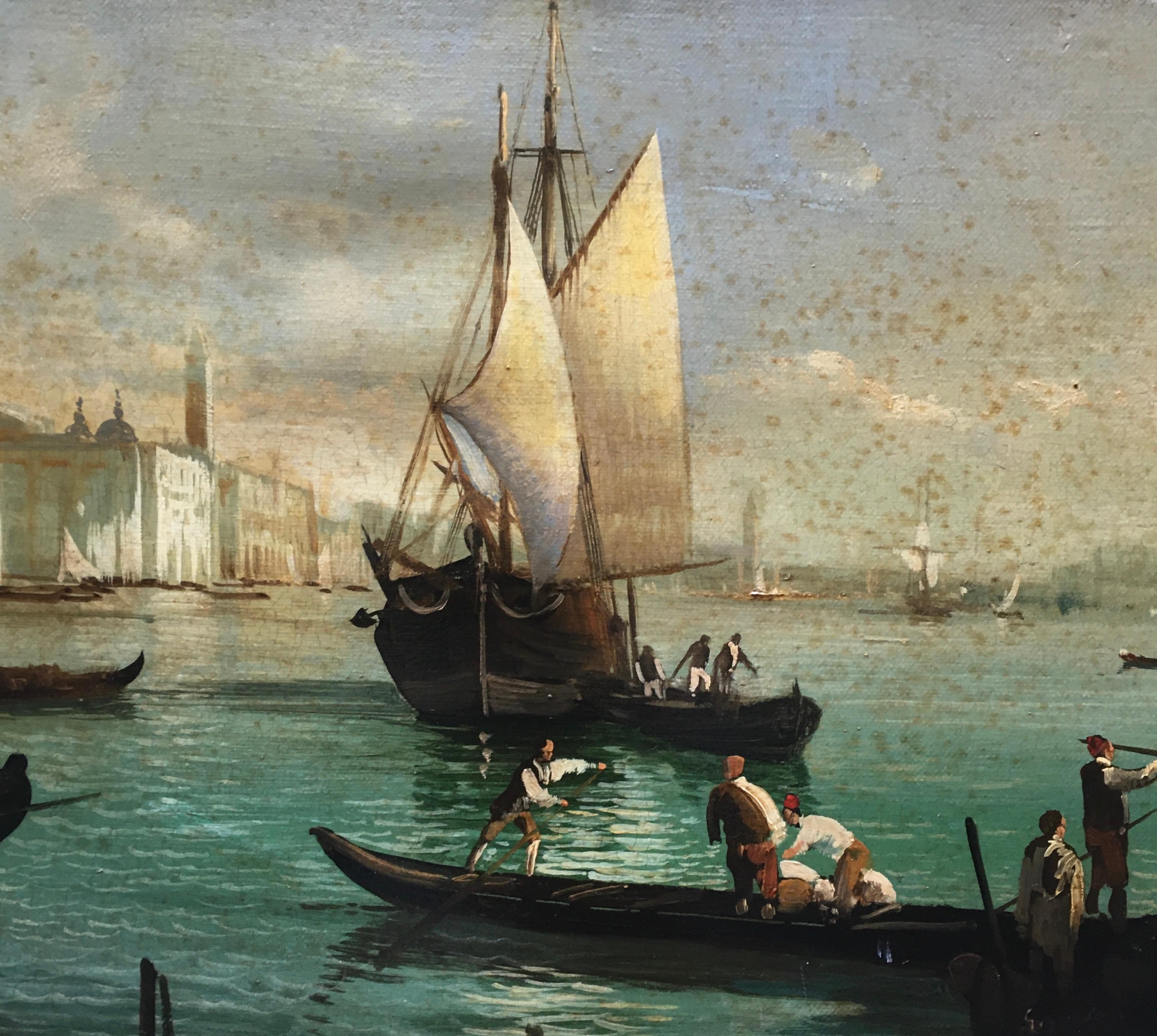 VENICE - Italian landscape oil on canvas oval  painting cm.30x60 by Giancarlo Gorini, Italy 2002.
Gold gilded  wooden frame available on request
Giancarlo Gorini's canvas is an extraordinary work of Italian landscape painting. It is inspired by the