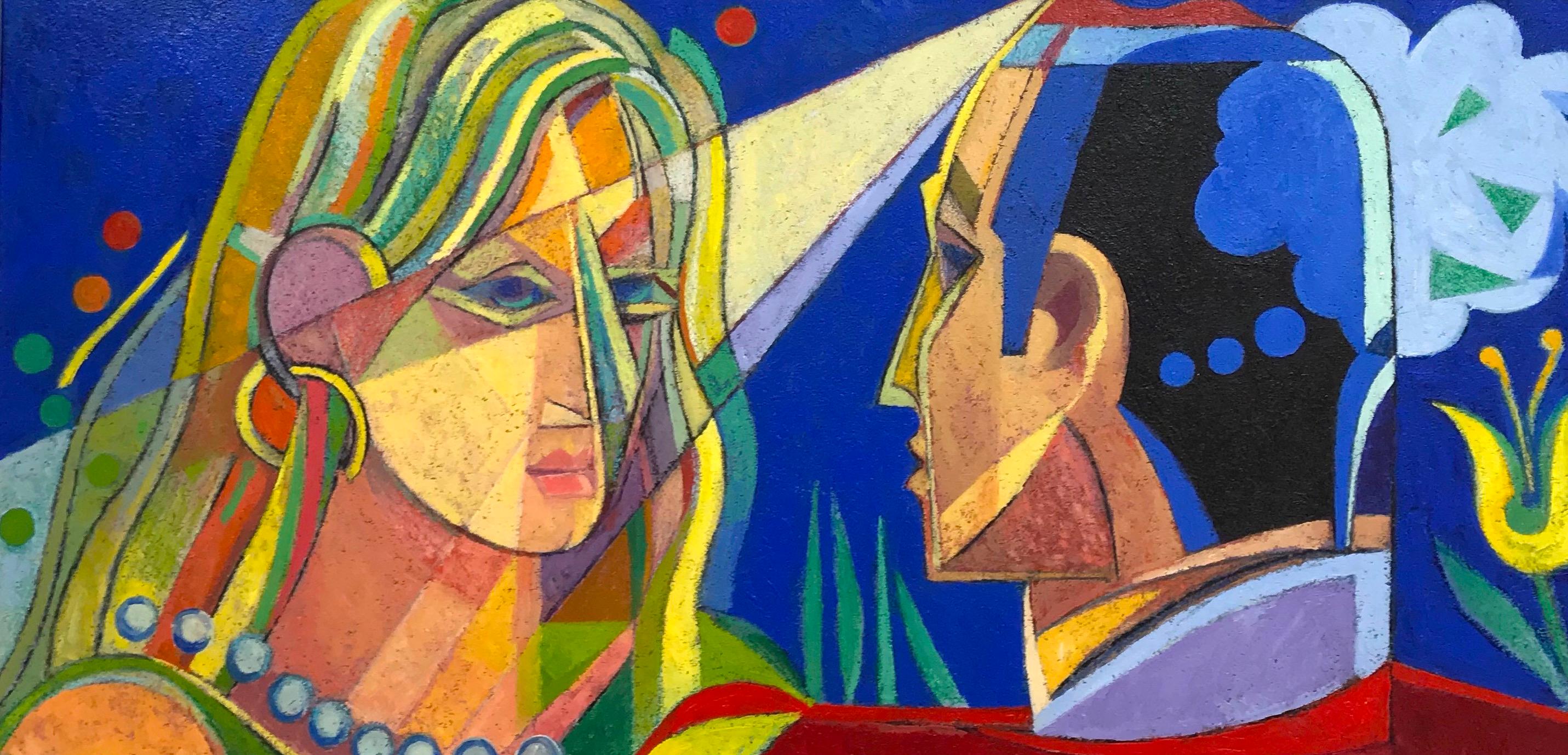 Pintura cubista, art decó, obra geométrica moderna "Un encuentro casual"