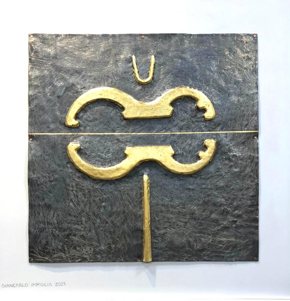 A rare abstract work by the indelible Giancarlo Impiglia. Gold leaf on lead mounted on wood. 

Born in Rome, Impiglia moved to New York in the 70s, where he established a signature style on the shoulders of Futurism and Cubism, his technical skill