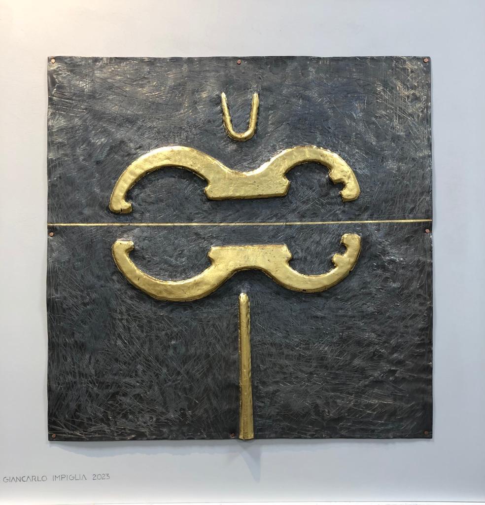 A rare abstract work by the indelible Giancarlo Impiglia. Gold leaf on lead mounted on wood. 

Born in Rome, Impiglia moved to New York in the 70s, where he established a signature style on the shoulders of Futurism and Cubism, his technical skill