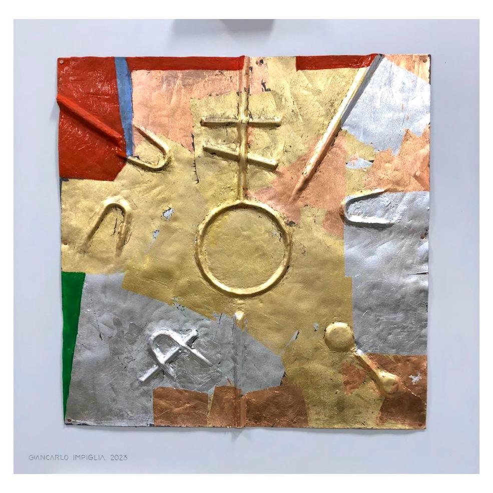 A rare abstract work by the indelible Giancarlo Impiglia. Oil, gold leaf, and silver leaf on lead, mounted on wood. 

Born in Rome, Impiglia moved to New York in the 70s, where he established a signature style on the shoulders of Futurism and