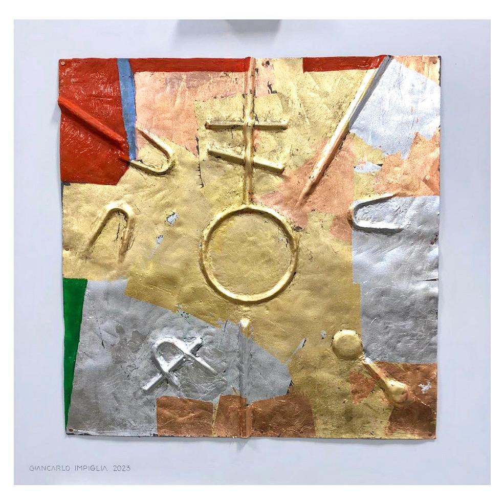 Giancarlo Impiglia Abstract Painting - Abstract, arte povera, expressionist work "Labarum" symbols