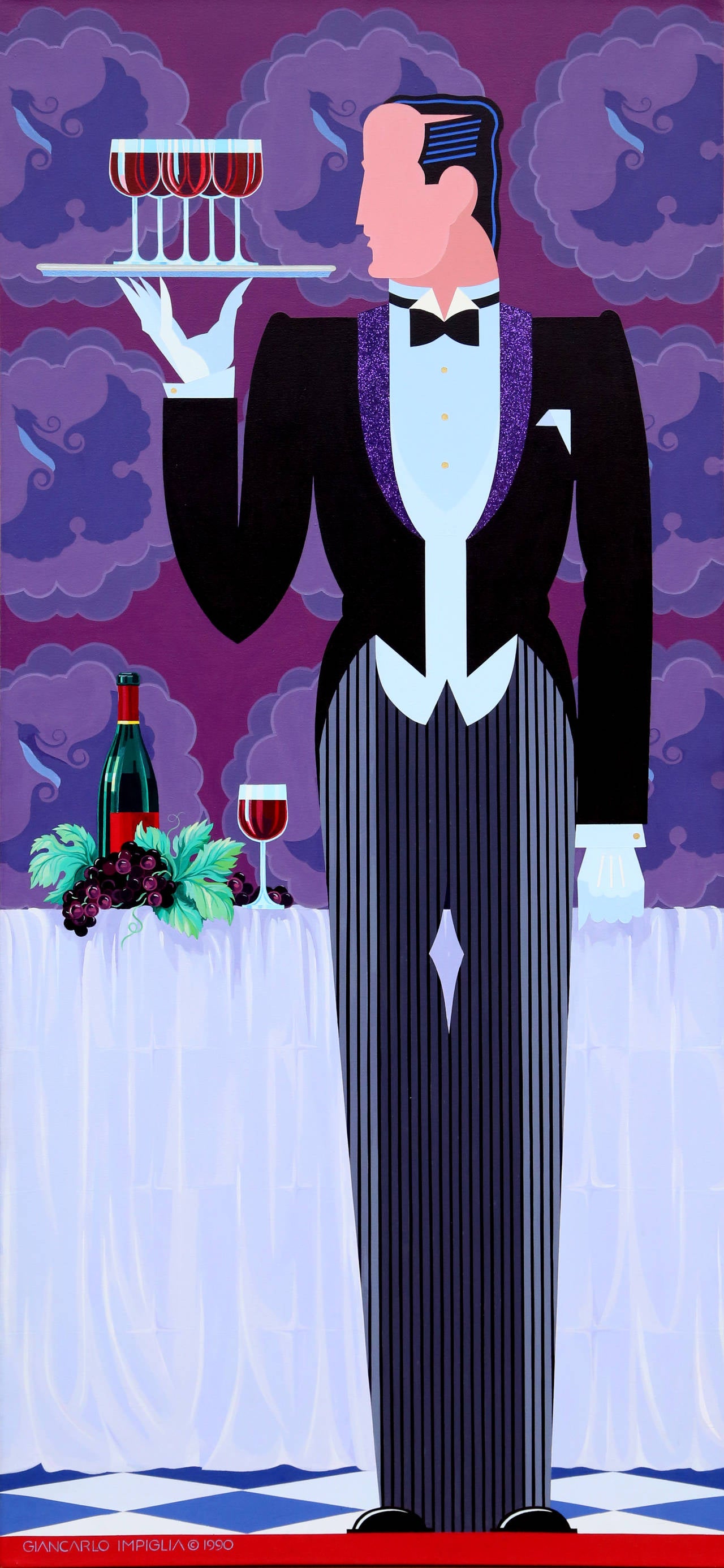 An acrylic painting by Giancarlo Impiglia from 1990. An art deco style pop art portrait of a waiter serving wine in a lavishly formal upper-class setting.
Unframed.  

Artist: Giancarlo Impiglia, American (1940 - )
Title: Butler with Tray with