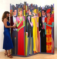 Art decó, pantalla de arte moderno figurativo, Ciudad al atardecer