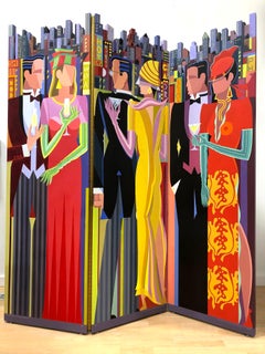 Art deco, figurative modern art screen, City at Dusk