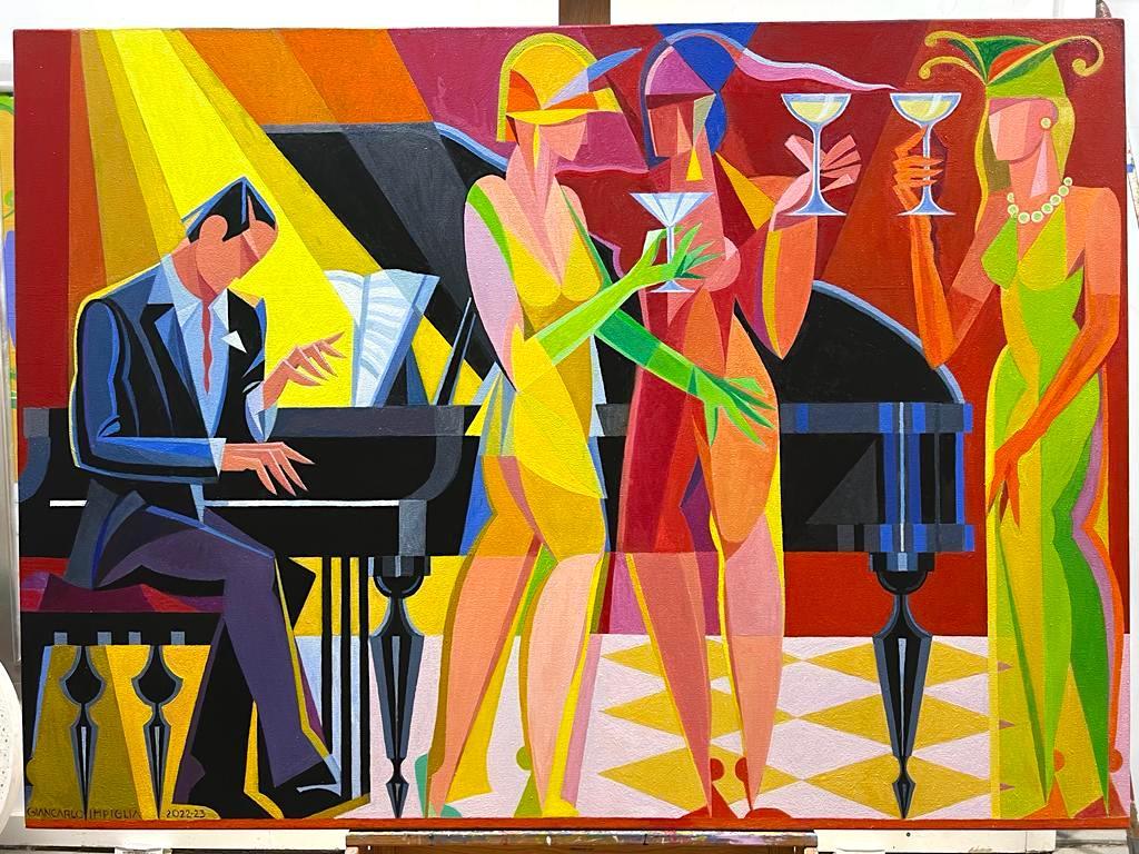 Giancarlo Impiglia Figurative Painting - Classic work "Jazz Pianist" for music lovers by iconic artist Impiglia