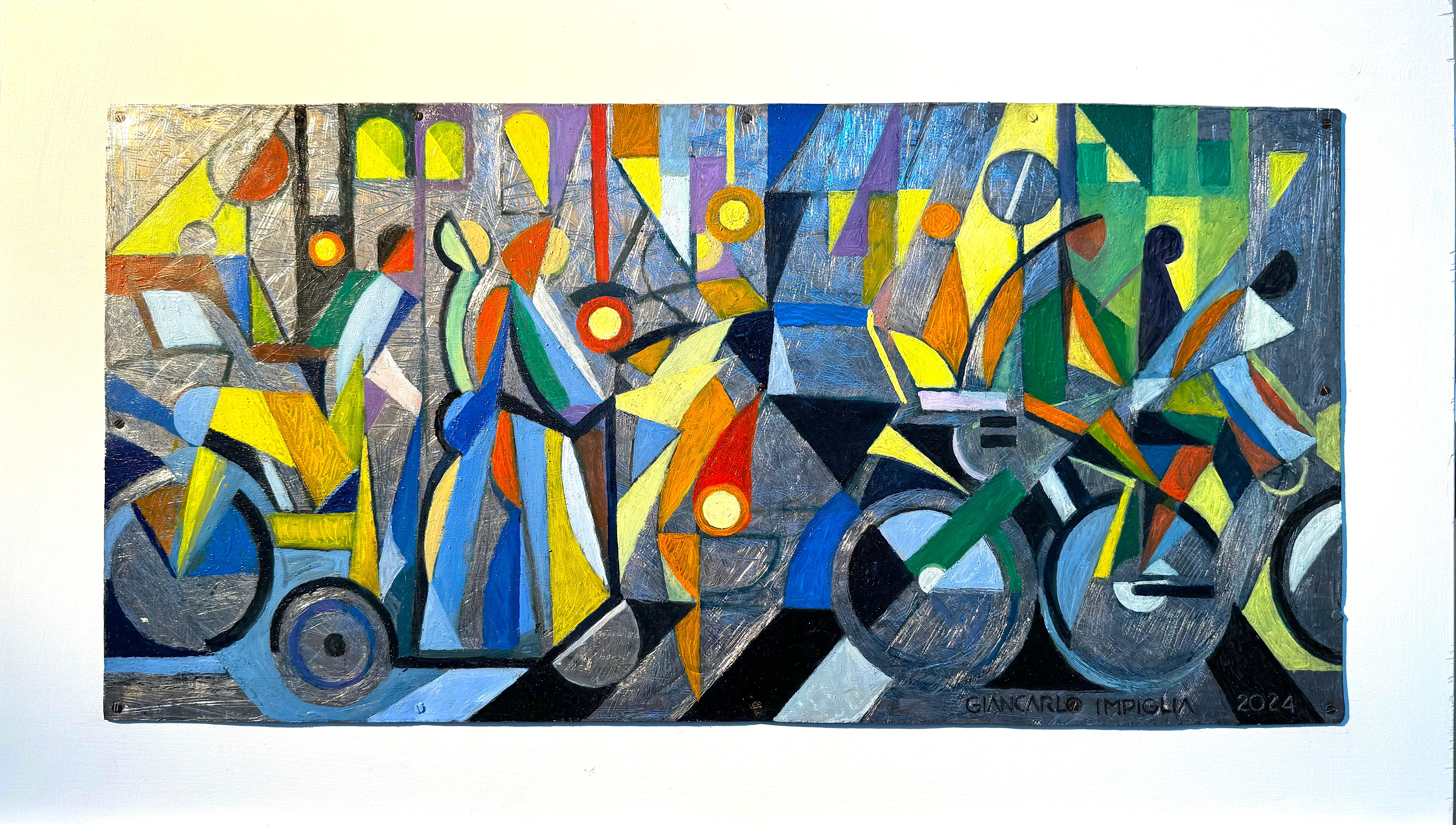 Cubist, futurist oil painting "Night Street" by Giancarlo Impiglia 