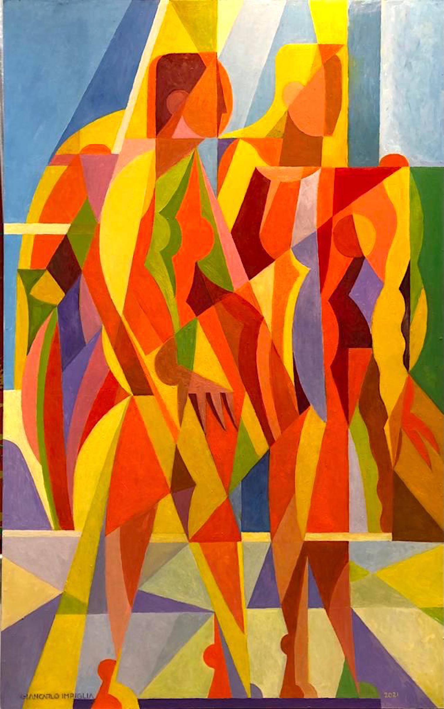Figurative Painting Giancarlo Impiglia - Belle peinture à l'huile de style cubiste "Une journée au soleil" par Impiglia
