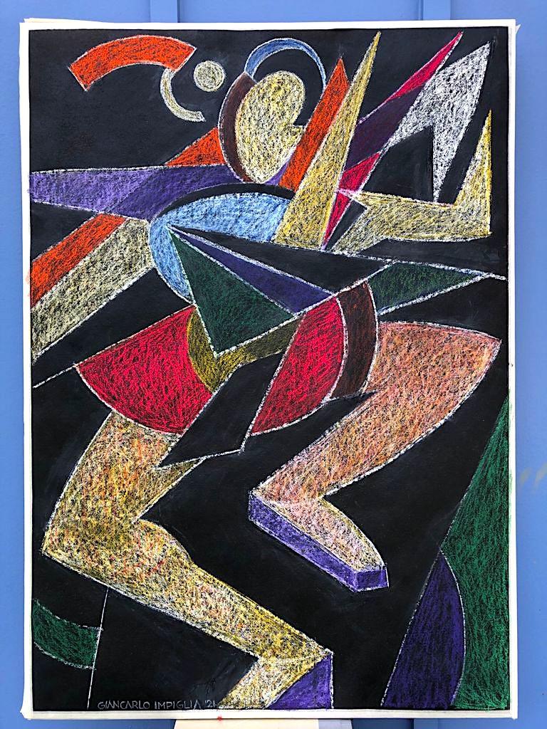 Giancarlo Impiglia Abstract Painting – Dynamischer kubistischer Stil Acryl und Pastell „ Finding Your Rhythm“ auf Teer
