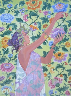 Ornamental, neoclassical painting, assemblage "Flower Picker" Impiglia