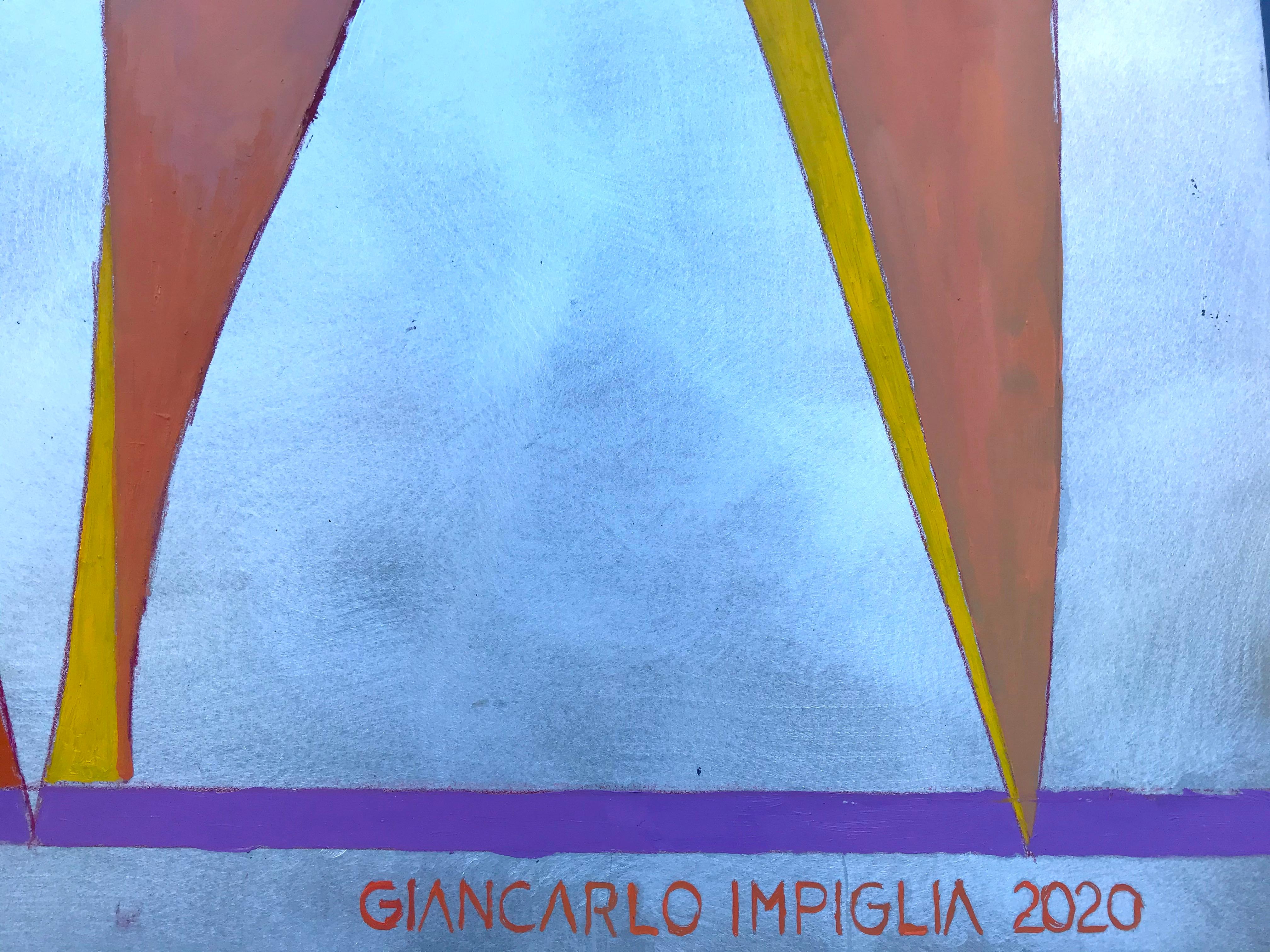 A magnificent new oil painting by the great Giancarlo Impiglia that harnesses the rough, reflective quality of aluminum for an entirely unique aesthetic. 

Born in Rome, Impiglia moved to New York in the 70s, where he established a signature style