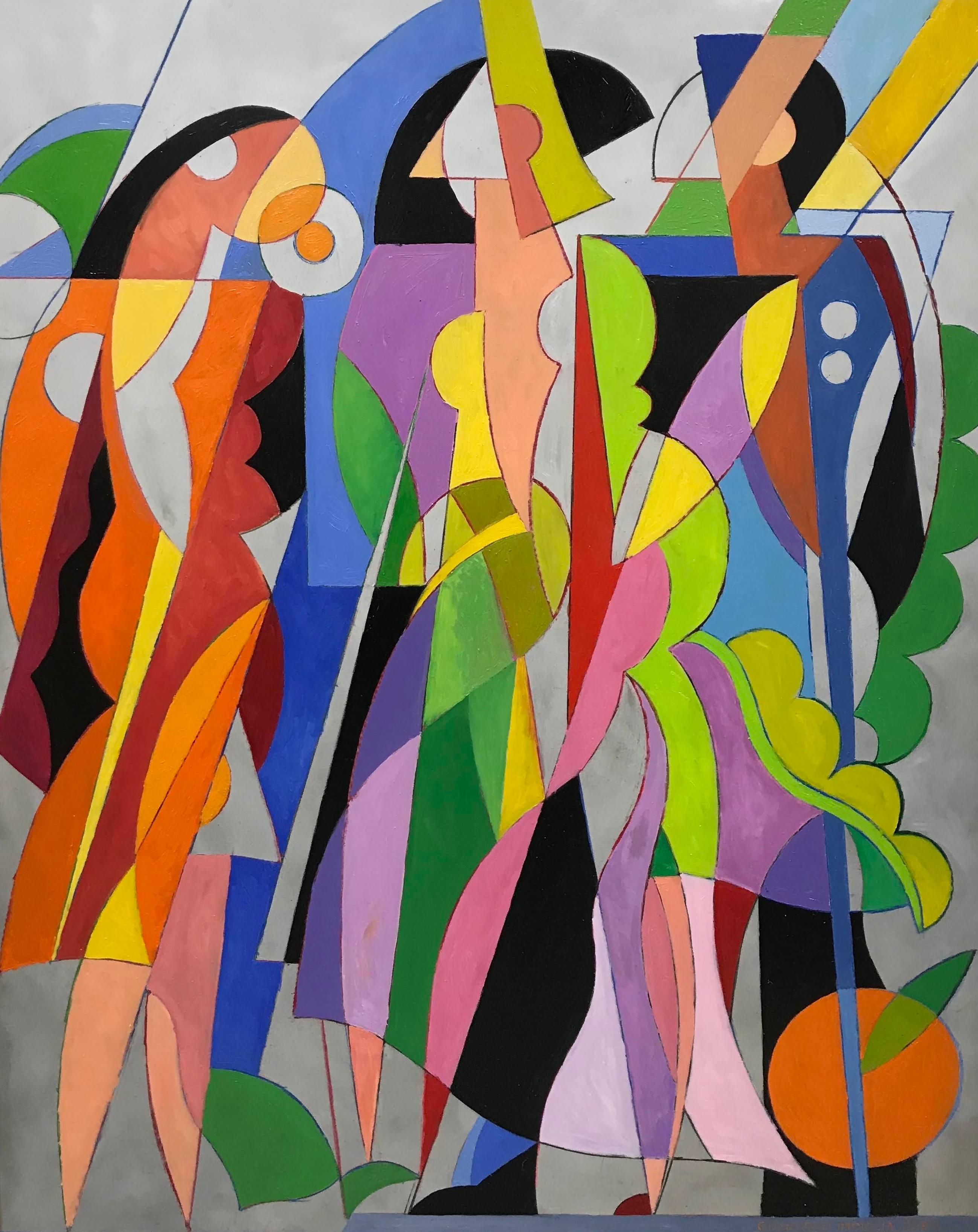 Giancarlo Impiglia Figurative Painting - Geometric, cubist, figurative contemporary oil painting, "Interrupted Games"  