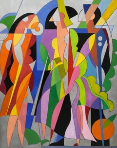 Geometric, cubist, figurative contemporary oil painting, "Interrupted Games"  