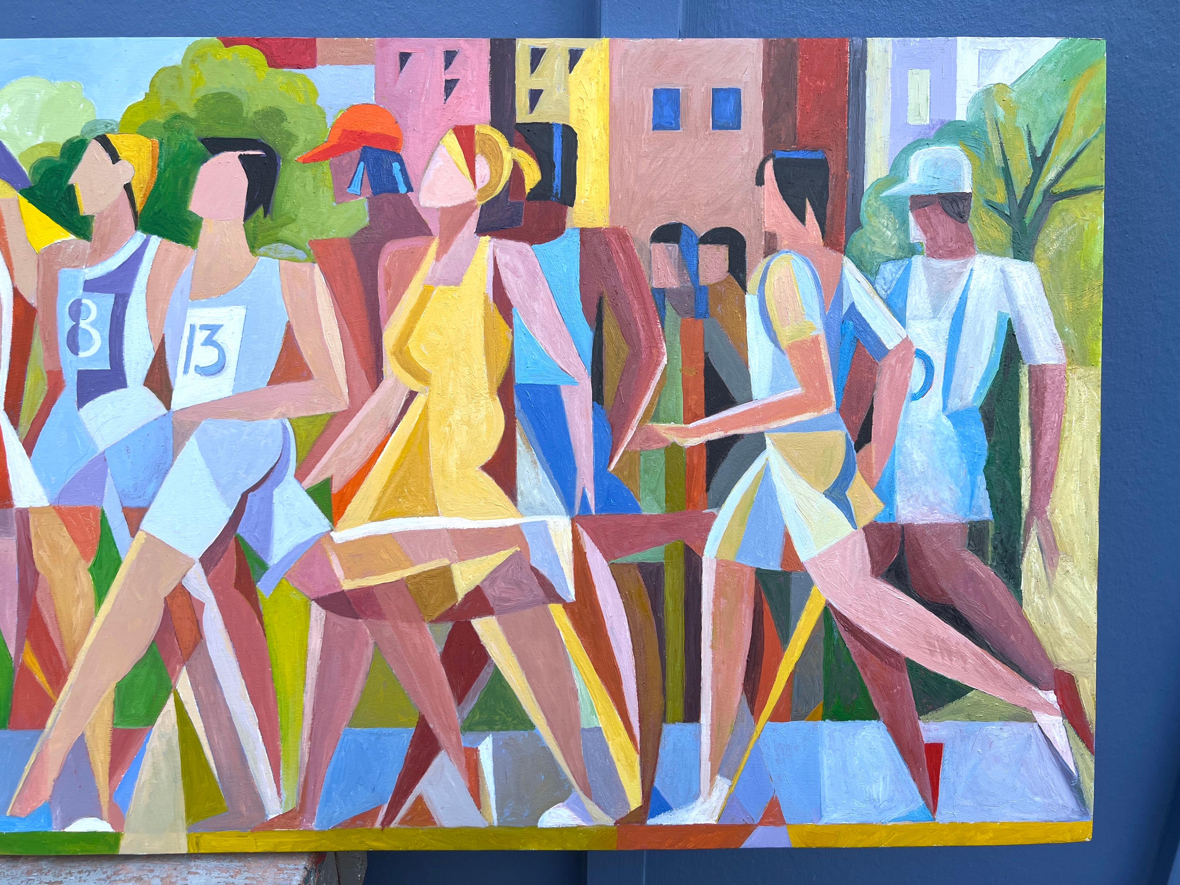 Dynamisches Ölgemälde im kubistischen Stil „Marathon“-Läufer und Olympische Spiele  – Painting von Giancarlo Impiglia