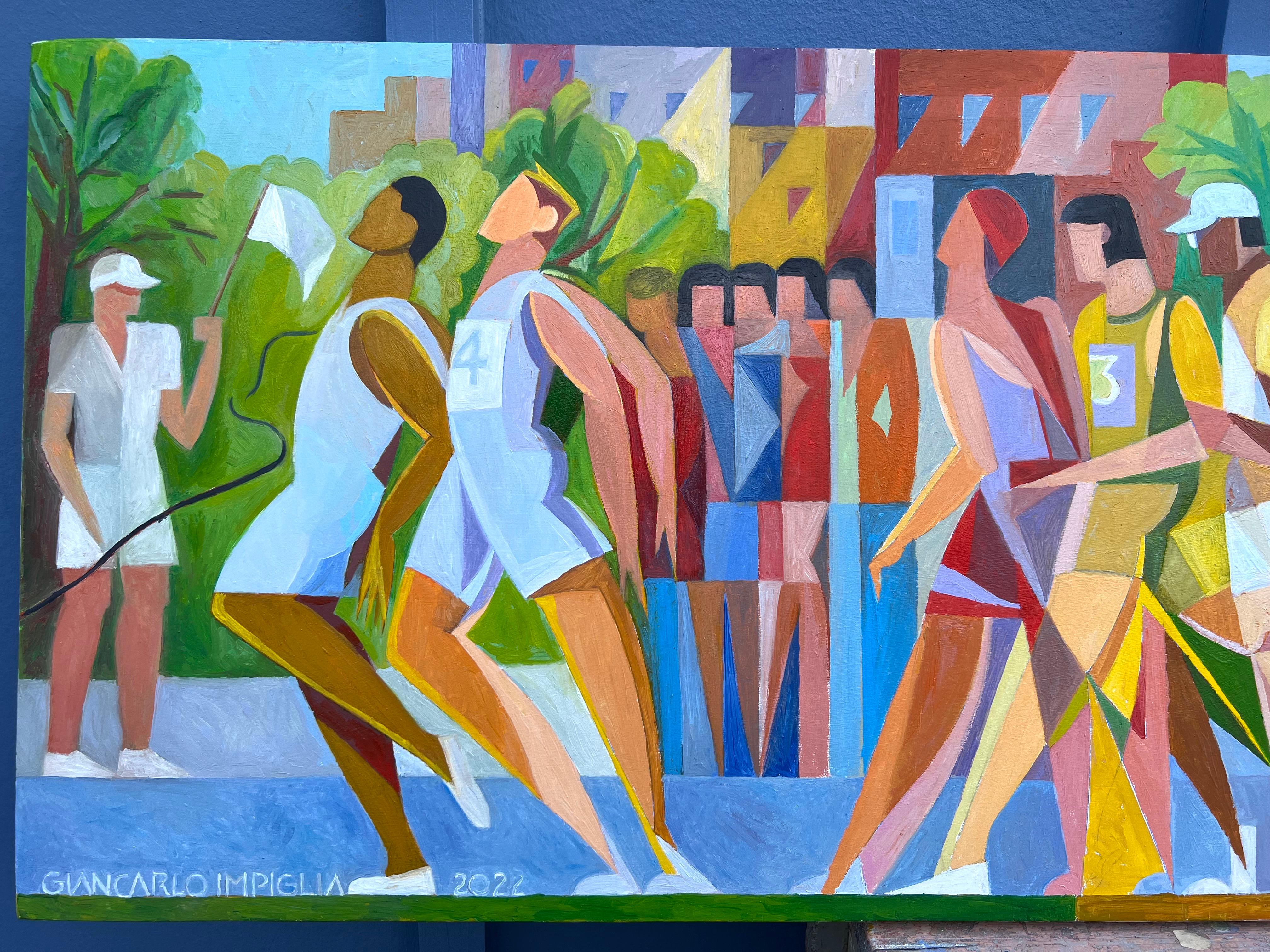 Dynamisches Ölgemälde im kubistischen Stil „Marathon“-Läufer und Olympische Spiele  (Braun), Abstract Painting, von Giancarlo Impiglia