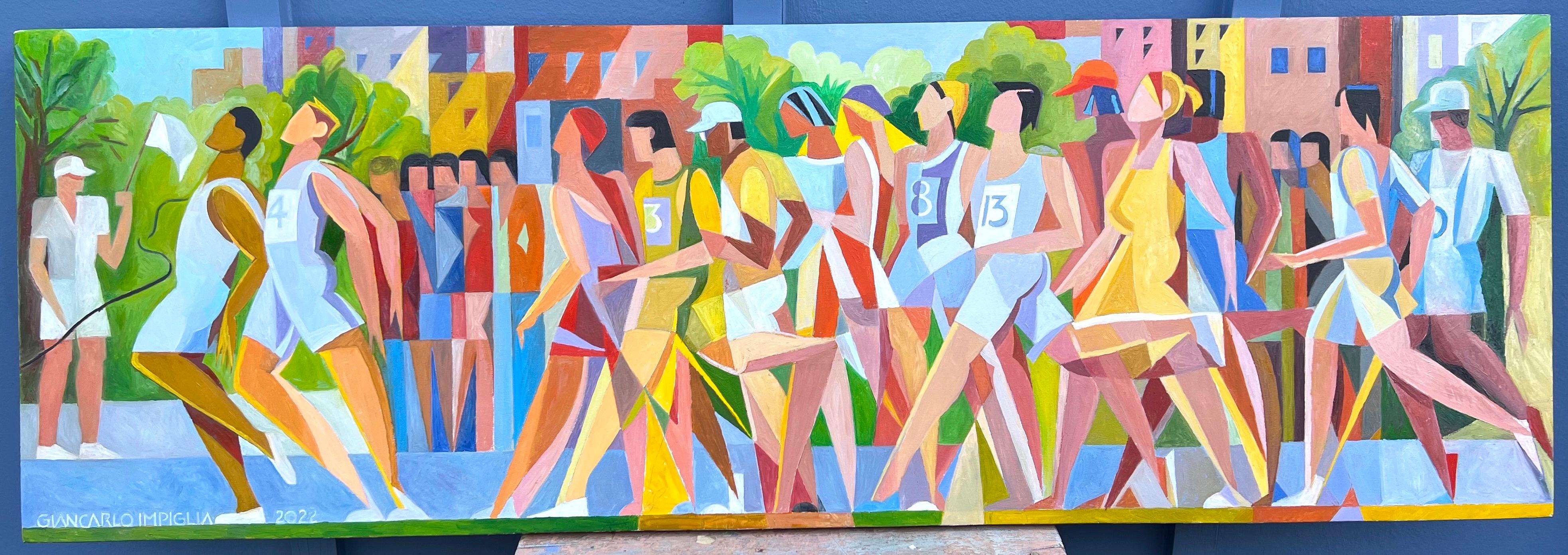 Dynamic cubist style oil painting "Marathon" runners and Olympics 
