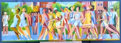 Peinture à l'huile de style cubiste dynamique « Marathon », patineurs et Jeux olympiques 