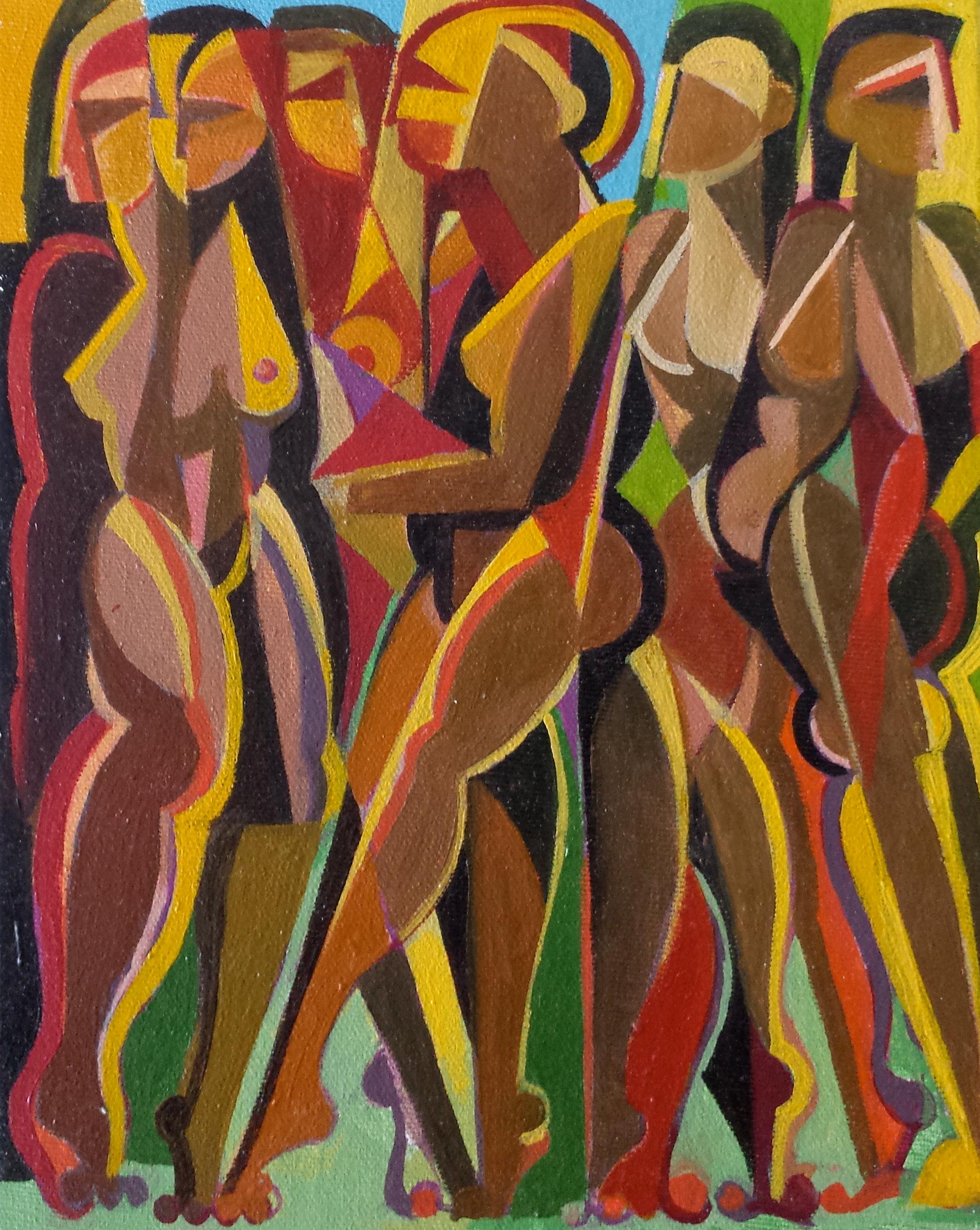 Geometric, figurative, cubist oil painting, "Nudes"