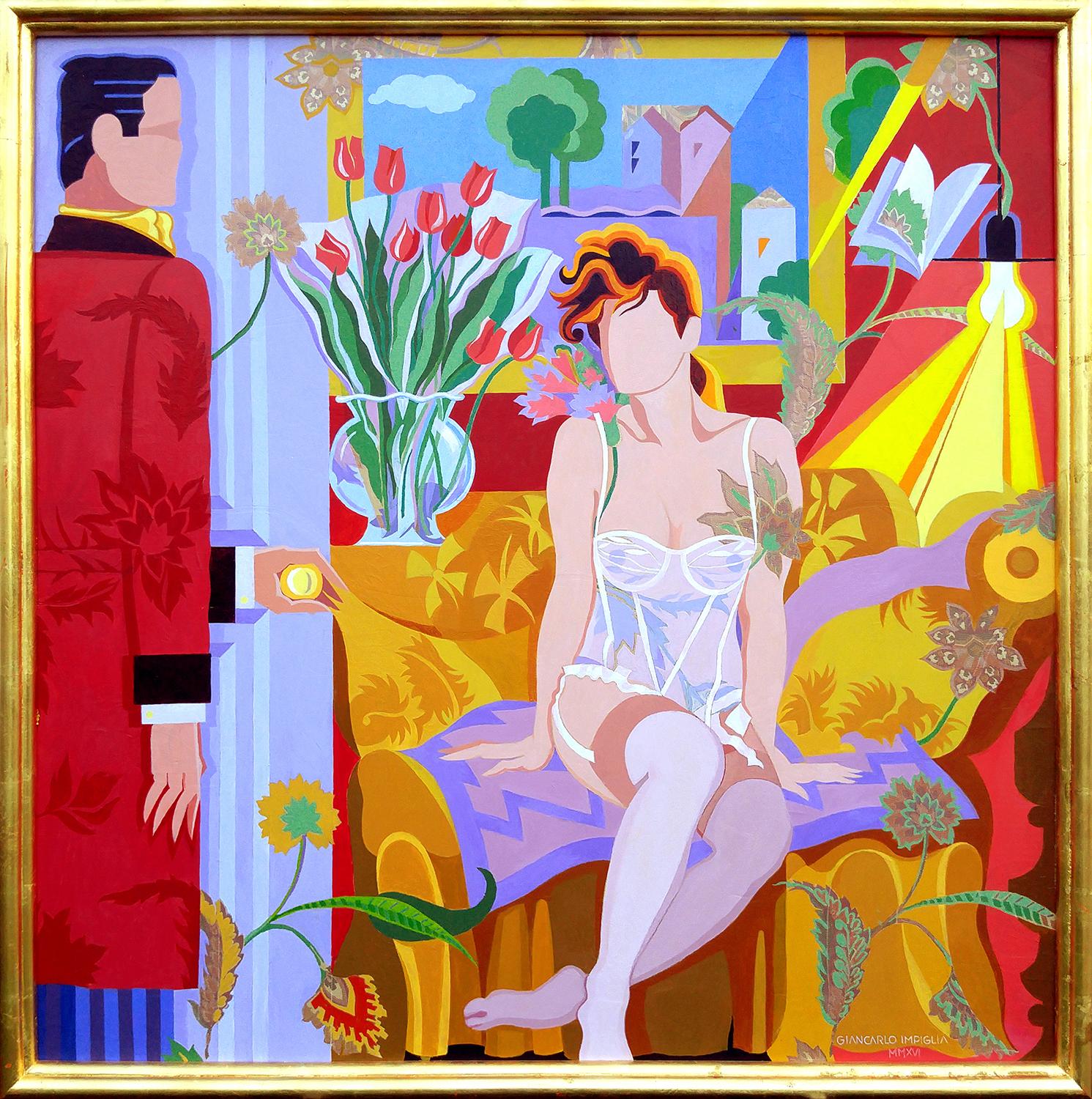Giancarlo Impiglia Figurative Painting - Secret Affair, 52x52" Acrylic on Silk Brocade,