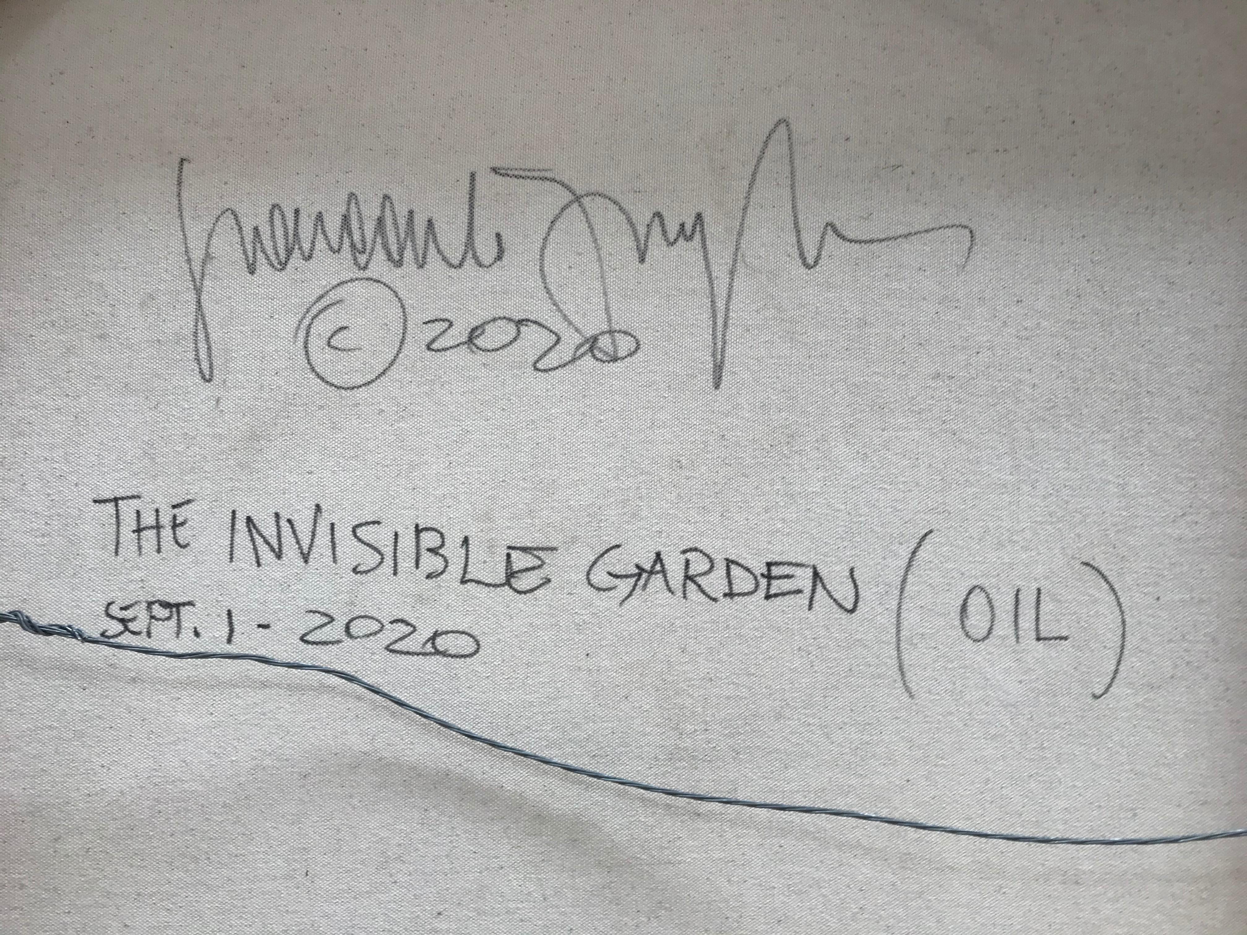 Magnifique peinture à l'huile de style art déco « Le jardin invisible »  en vente 3