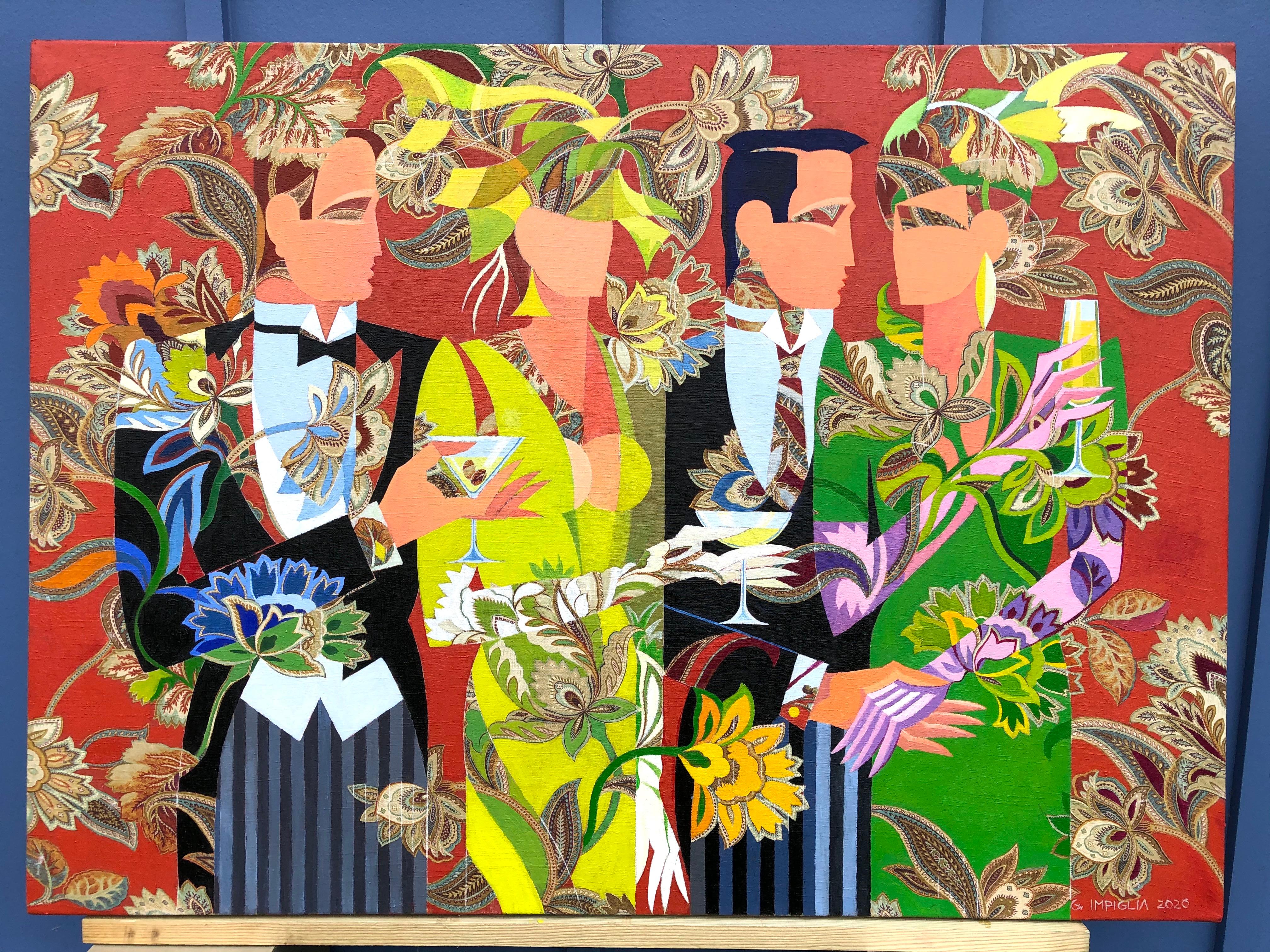 Figurative Painting de Giancarlo Impiglia - Precioso óleo de estilo art déco "El jardín invisible"