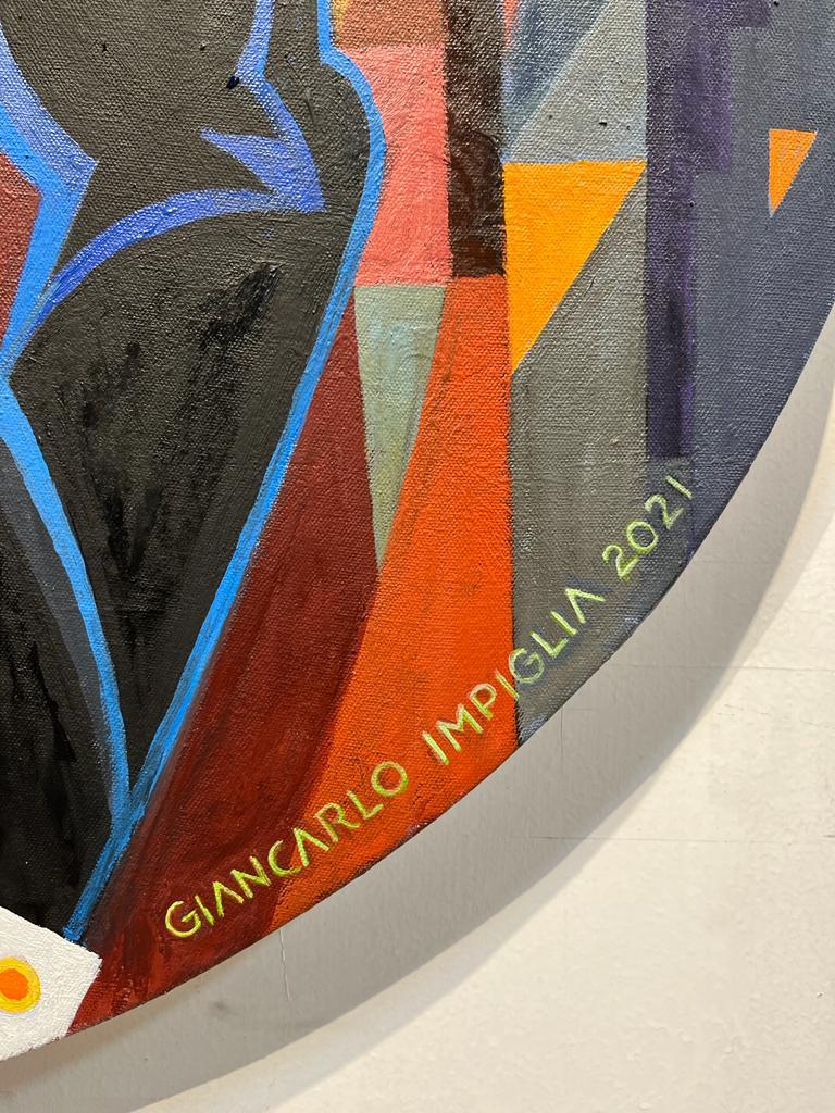 A rare oval work by the masterful Giancarlo Impiglia, whose value has been steadily increasing.

Born in Rome, Impiglia moved to New York in the 70s, where he established a signature style on the shoulders of Futurism and Cubism, his technical skill