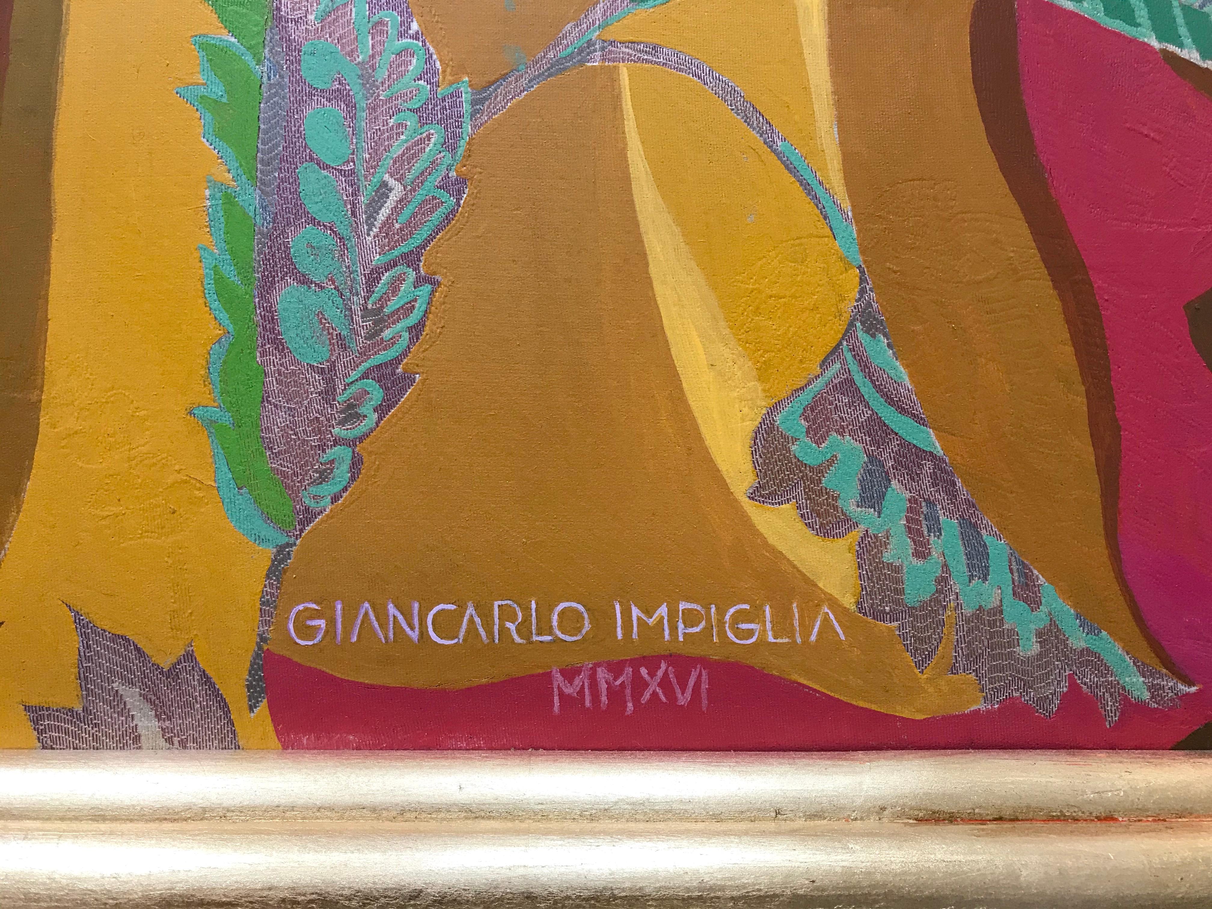 Un bellissimo acrilico su broccato di seta con cornice rivestita in foglia d'oro realizzato dallo stesso Impiglia, un artista il cui valore non ha fatto che aumentare nel corso degli anni.

Nato a Roma, Impiglia si trasferì a New York negli anni
