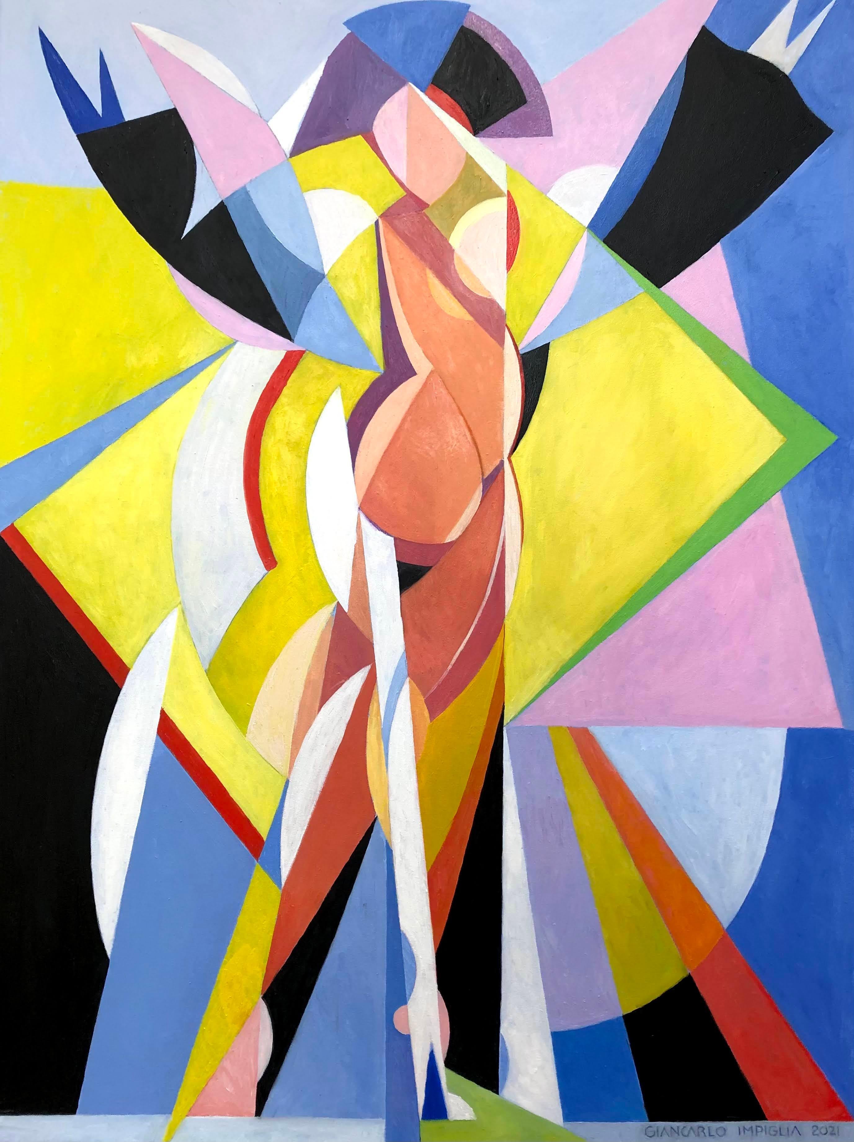 Giancarlo Impiglia Figurative Painting - Figurative, cubist oil painting, Broadway, "Theatrical"