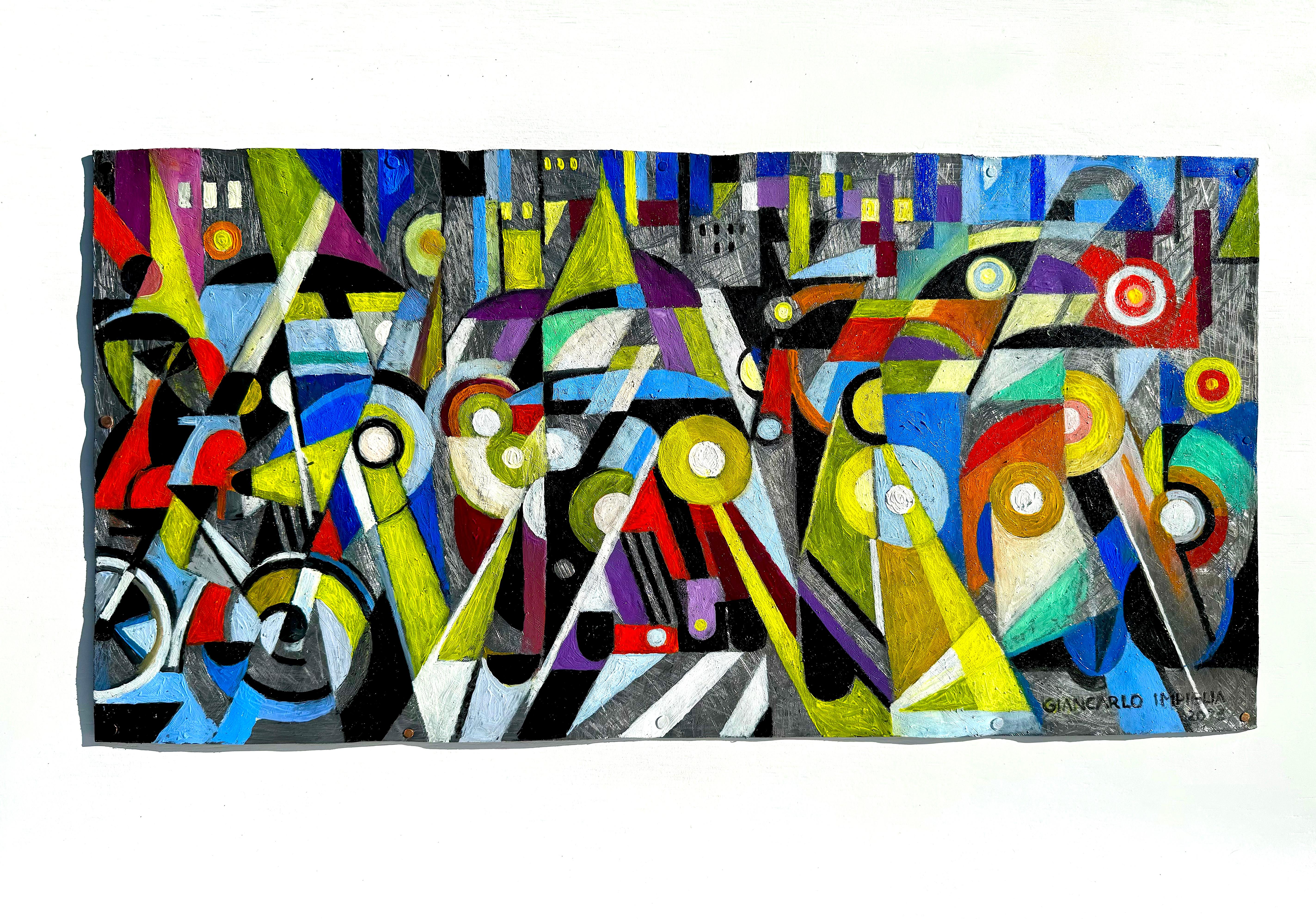 Giancarlo Impiglia Figurative Painting - Modern art, cubist, metal, art deco work "Traffic" 