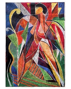 Beautiful cubist style oil and pastel "Tropical" Picasso reminiscent