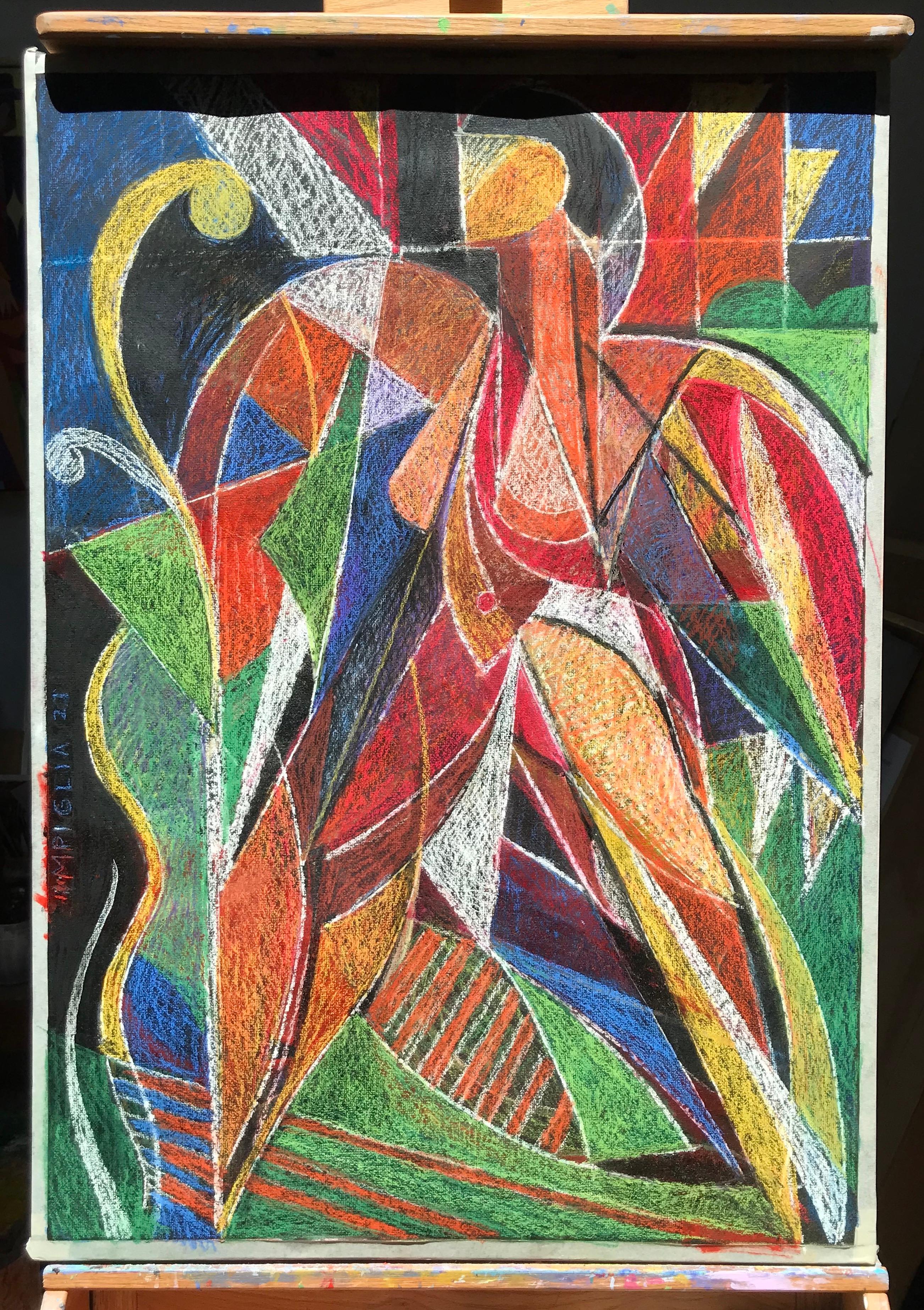 Precioso óleo y pastel de estilo cubista "Tropical" que recuerda a Picasso