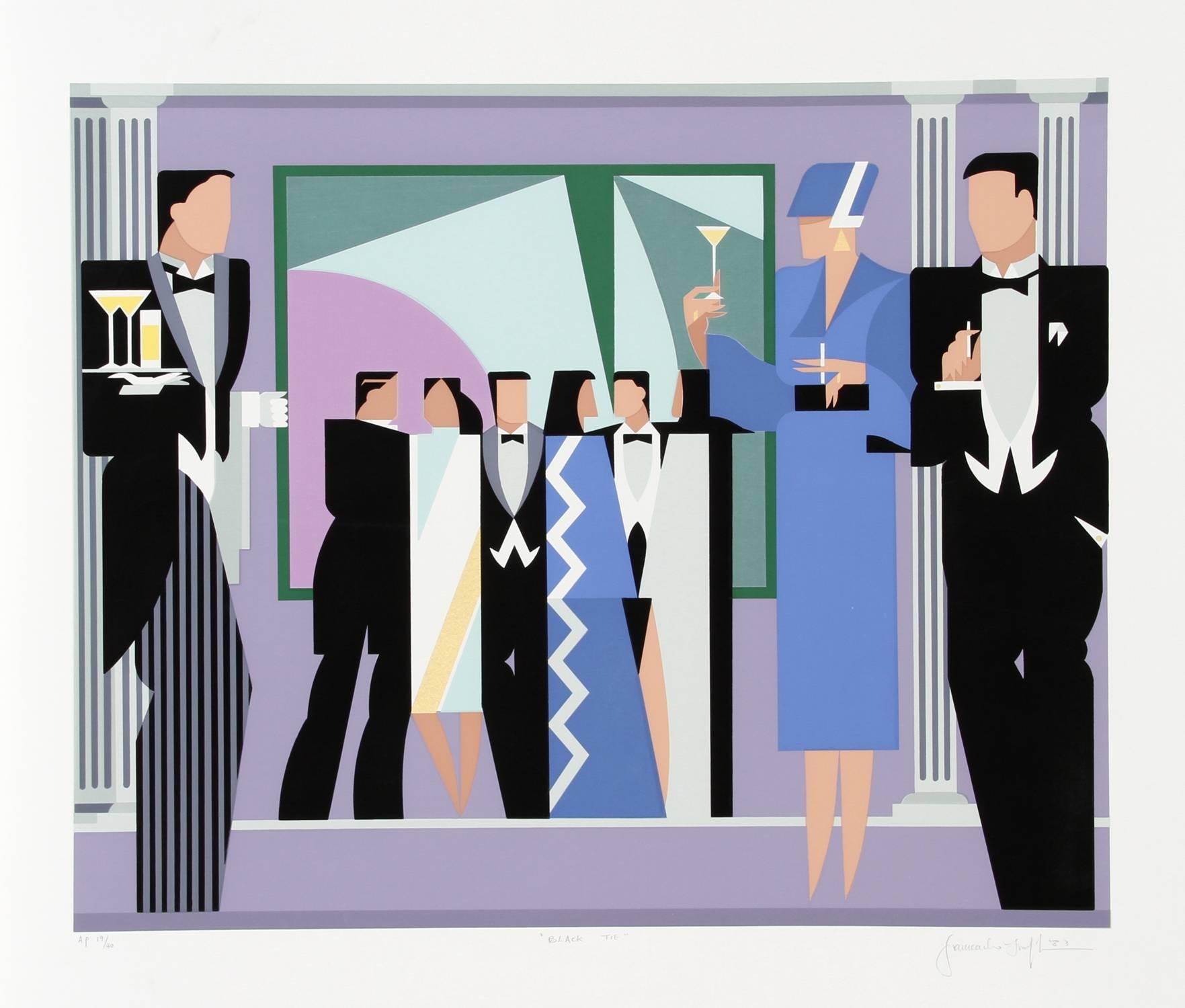 Inspired by Cubism and Futurism, Giancarlo Impiglia’s print of a black tie affair is also reminiscent of Art Deco. With the sharp lines, lean physiques, and minimalistic approach to the interior space, the artist idealizes formal evening gatherings