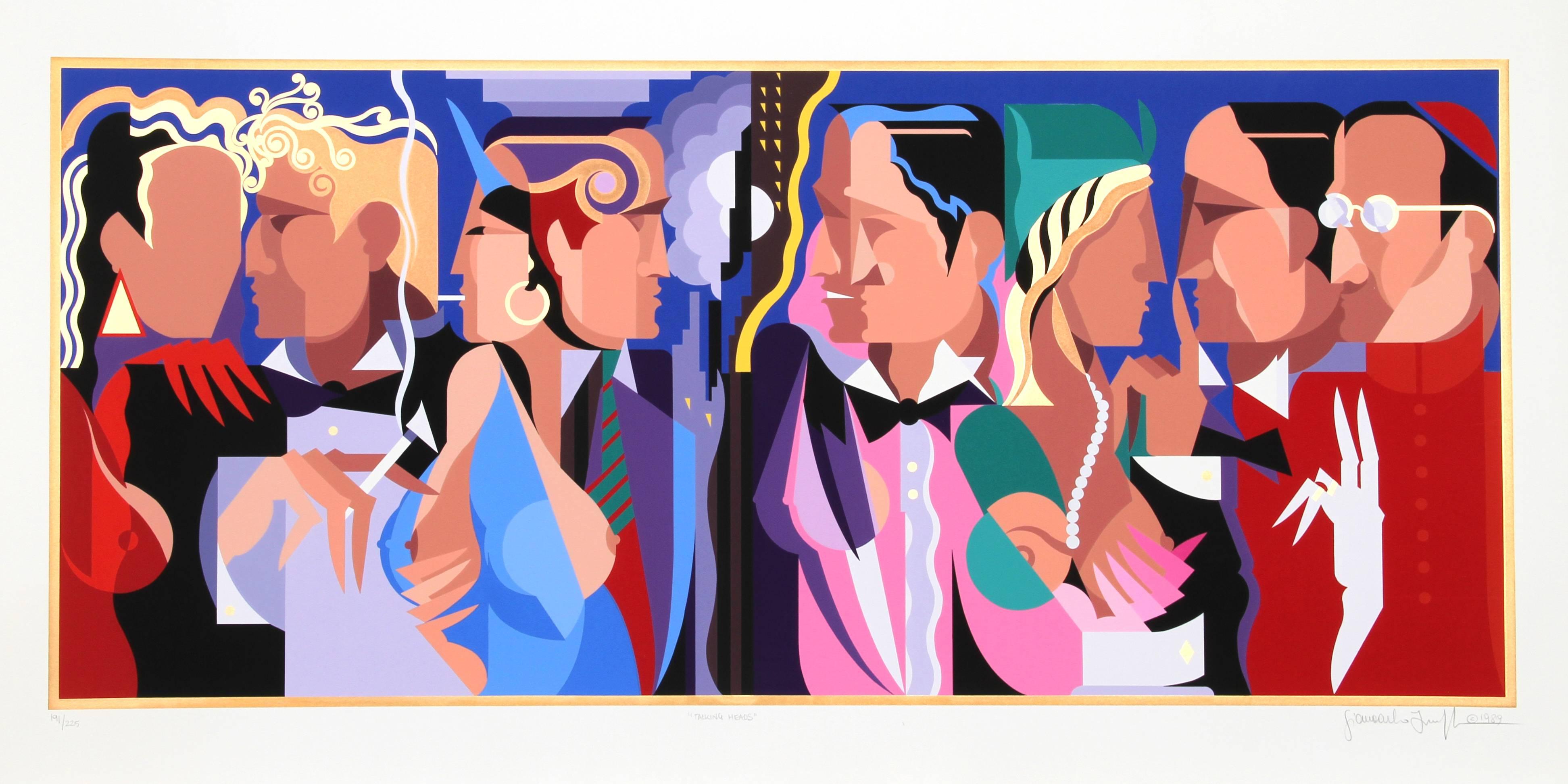 Artist: Giancarlo Impiglia
Title: Talking Heads
Year: 1989
Medium: Screenprint, signed and numbered in pencil
Edition: 225 
Paper Size: 26 x 47 inches
Frame: 28 x 49 inches