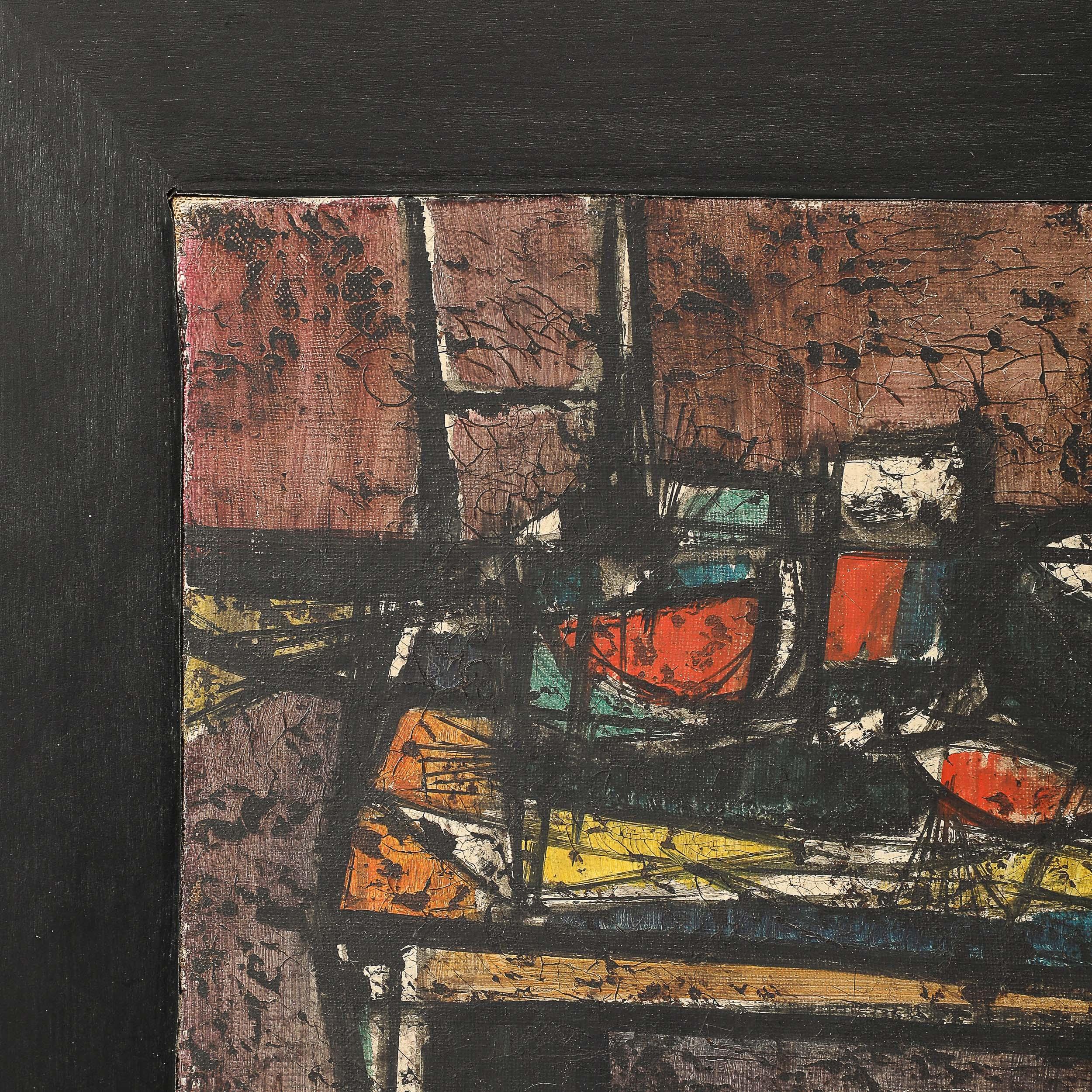 Bodegón abstracto al óleo sobre lienzo de mediados de siglo titulado 