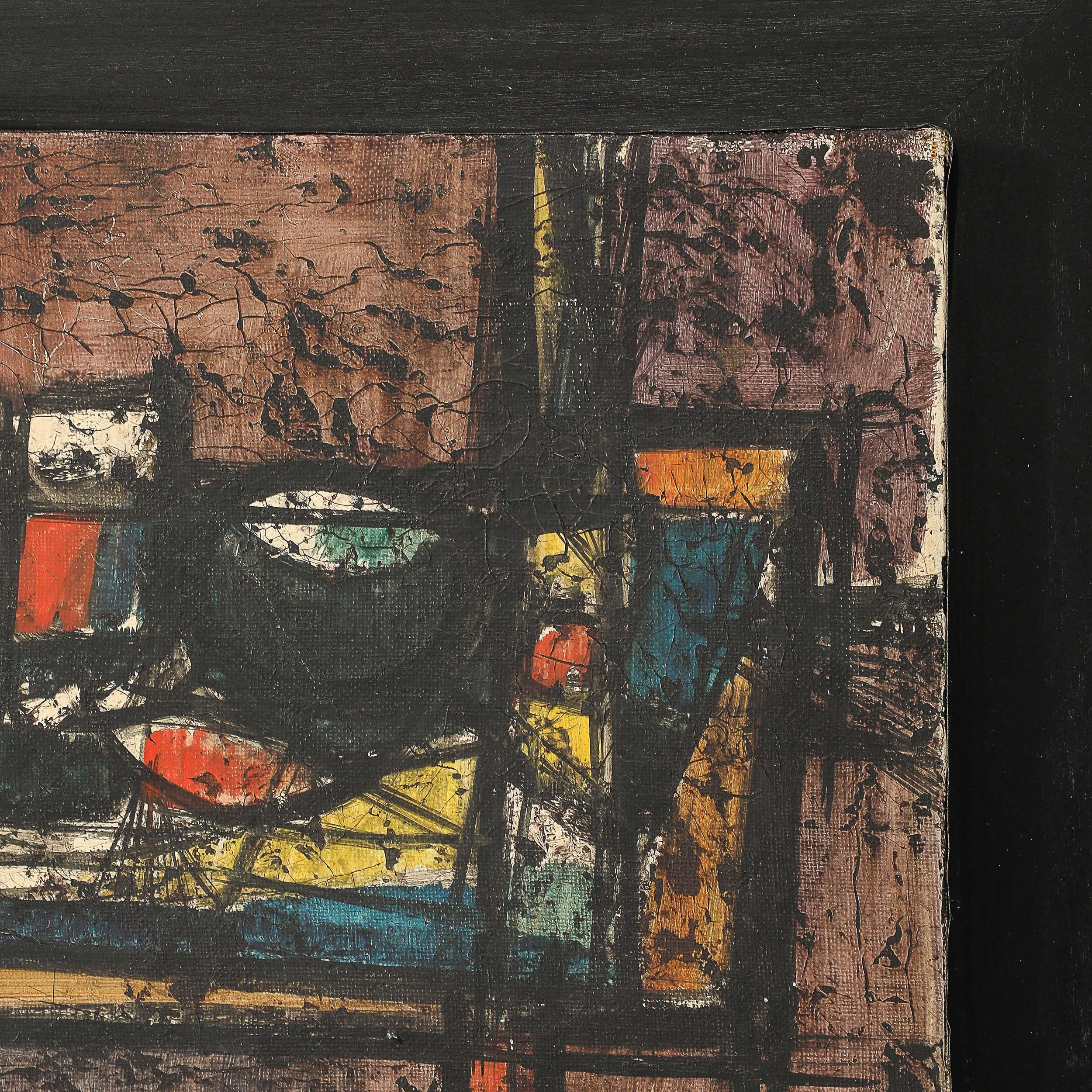 Infunde a tu colección de arte una notable pieza del modernismo de mediados de siglo: el bodegón abstracto al óleo sobre lienzo titulado 