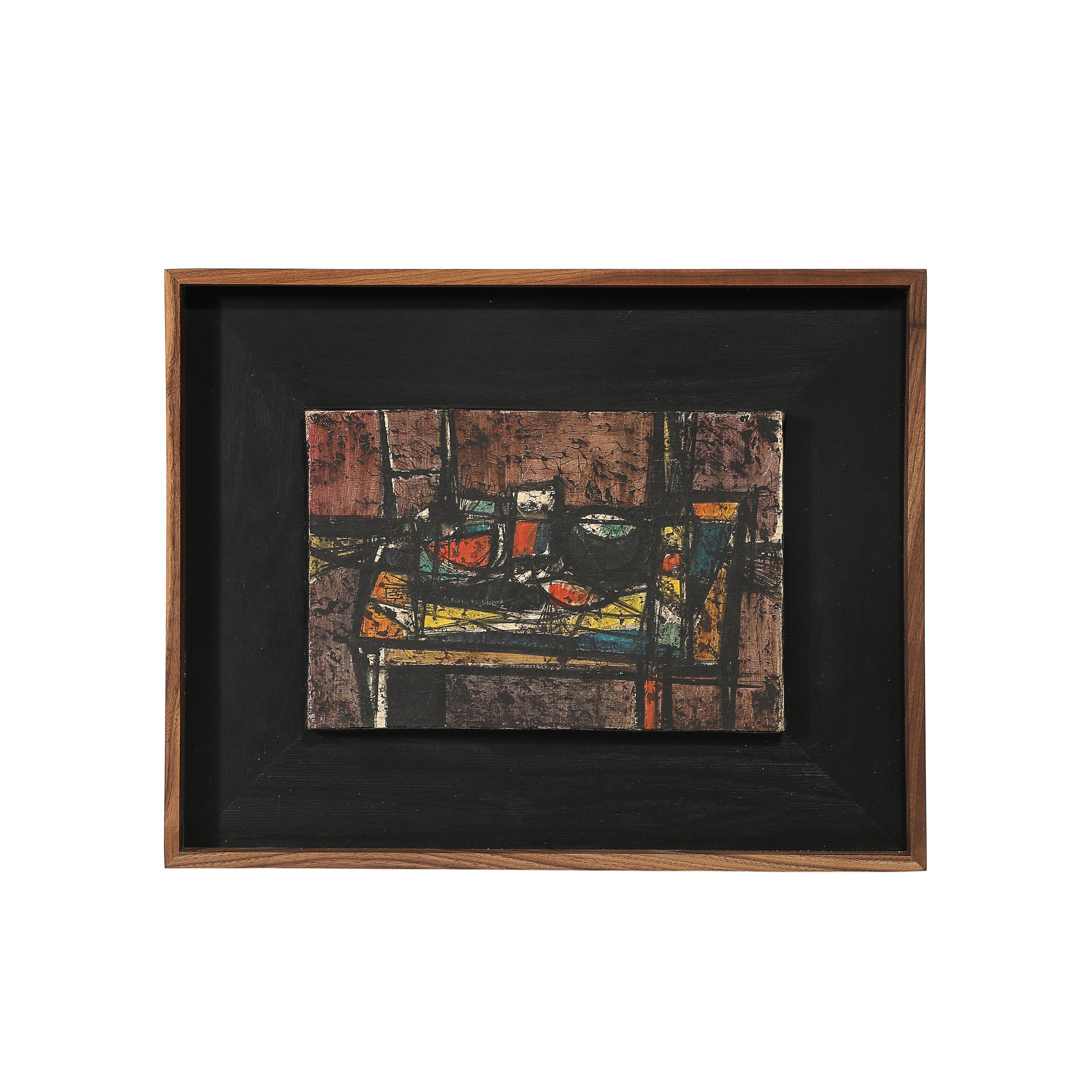 Still-Life Painting de Giancarlo Isola - Bodegón abstracto al óleo sobre lienzo de mediados de siglo titulado "Tavolo E Oggetti"