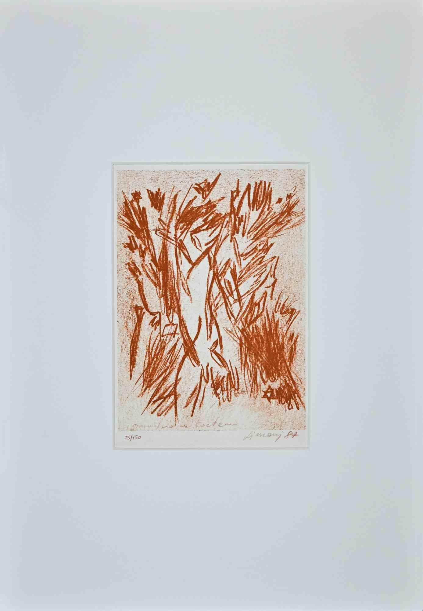 Homage to Jean Cocteau is a beautiful brown-ink lithograph on paper, realized in 1987 by the Italian artist Giancarlo Limoni .

Hand-signed , dated, and titled  