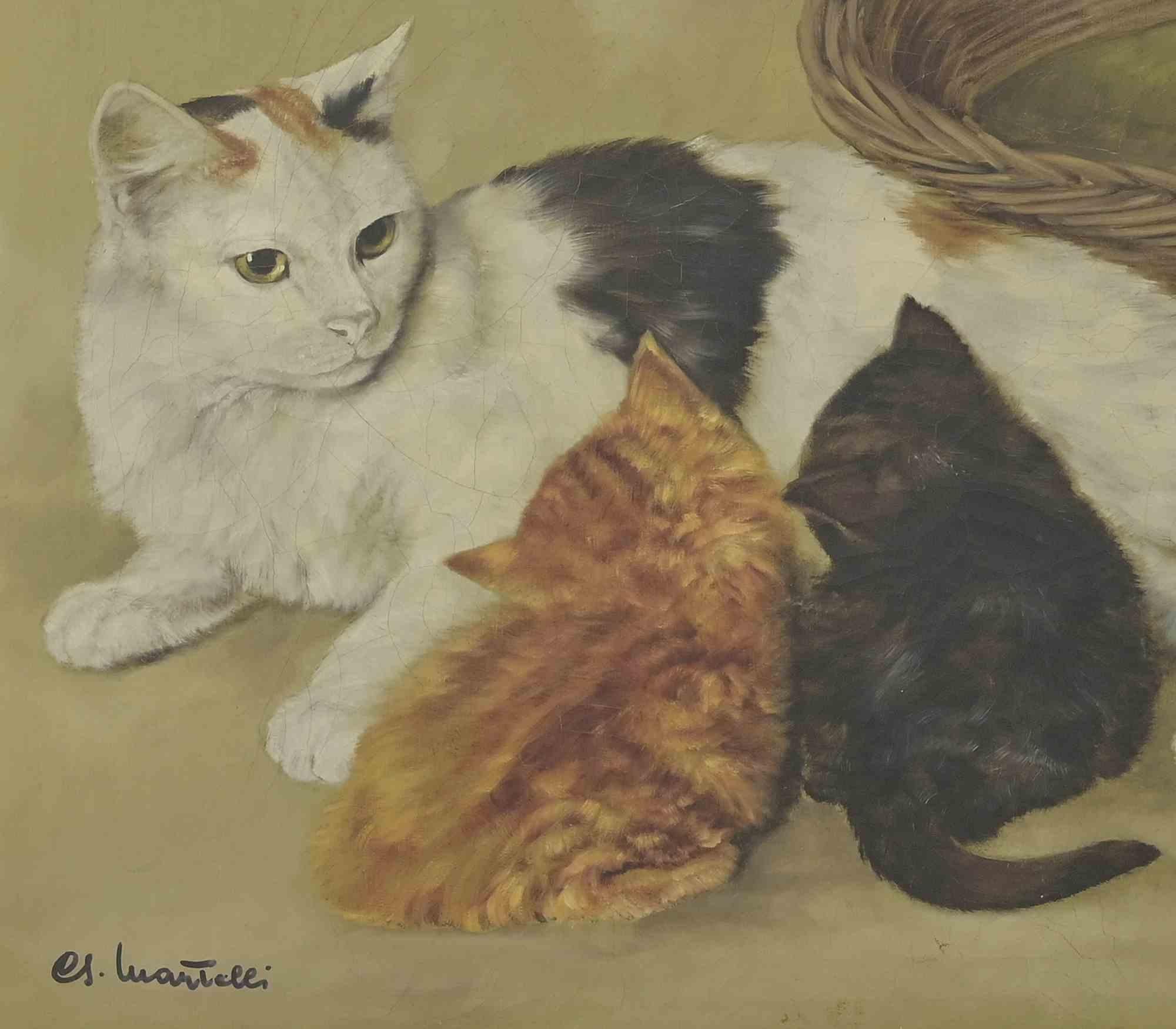 Cats is an original oil painting on canvas realized by Giancarlo Martelli  (Novara, 1926)

6x75x85 cm frame included.

Hand signed on the lower right.

Good conditions exept for some foxings on the back, some loss of colours. 

 
