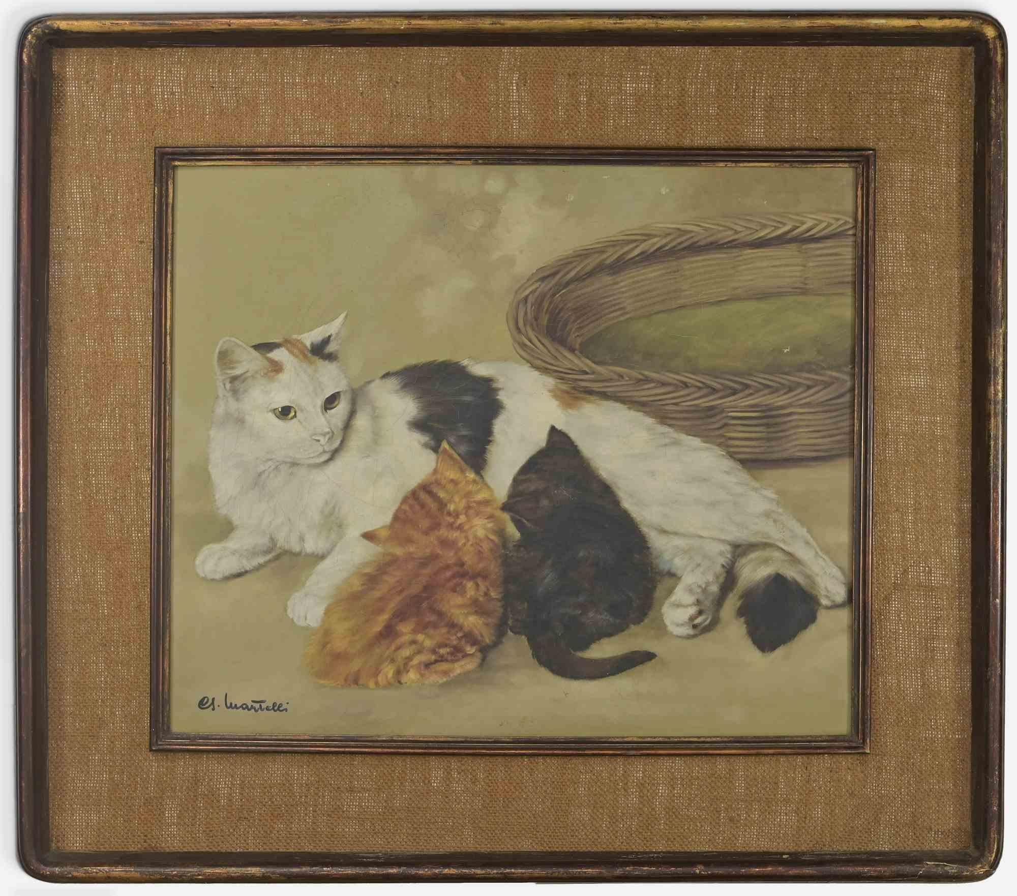 Cats ist ein Original-Ölgemälde auf Leinwand von Giancarlo Martelli realisiert  (Novara, 1926)

Inklusive Rahmen 6x75x85 cm.

Rechts unten handsigniert.

Guter Zustand mit Ausnahme einiger Stockflecken auf der Rückseite, etwas Farbverlust. 

 