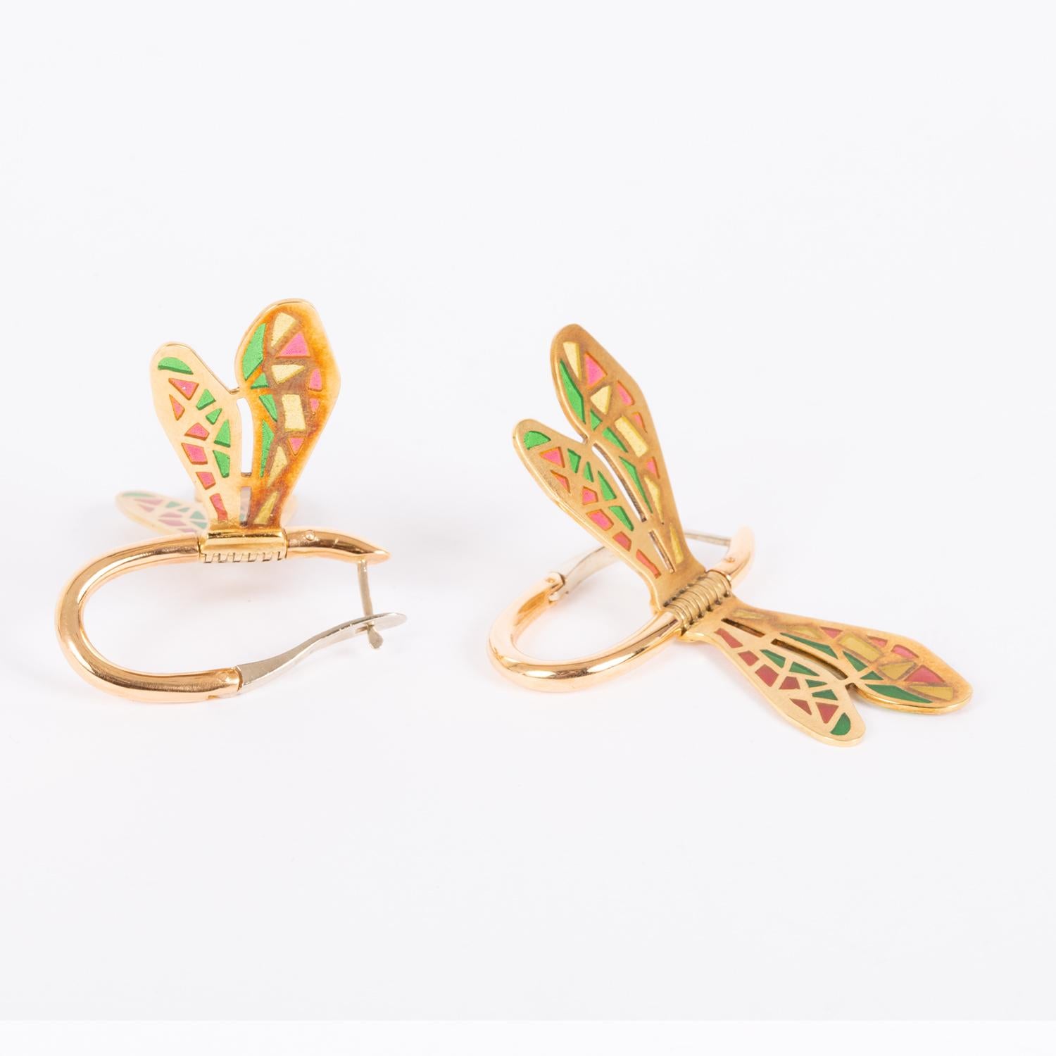 Art Deco Giancarlo Montebello 18 K Gold Enamel Dragonfly Earrings For Sale