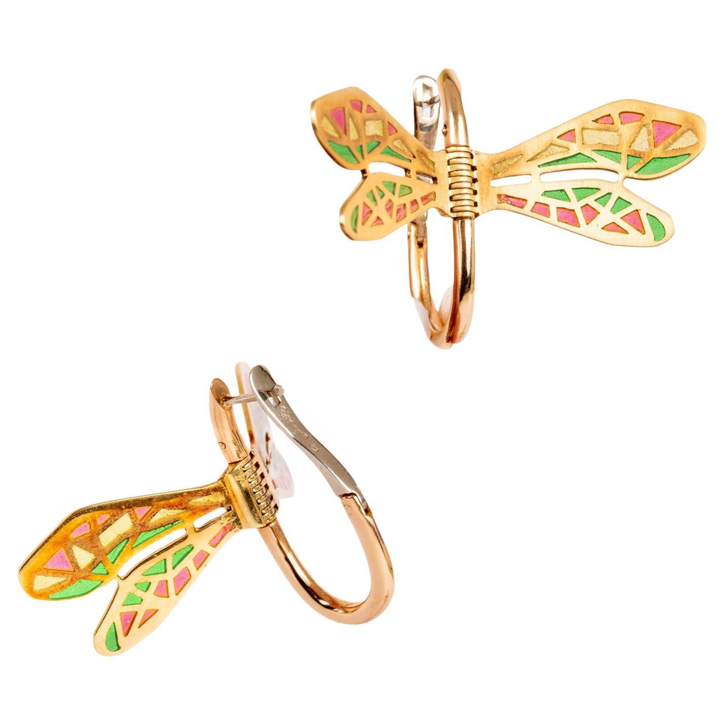 Giancarlo Montebello 18 K Gold Enamel Dragonfly Earrings For Sale