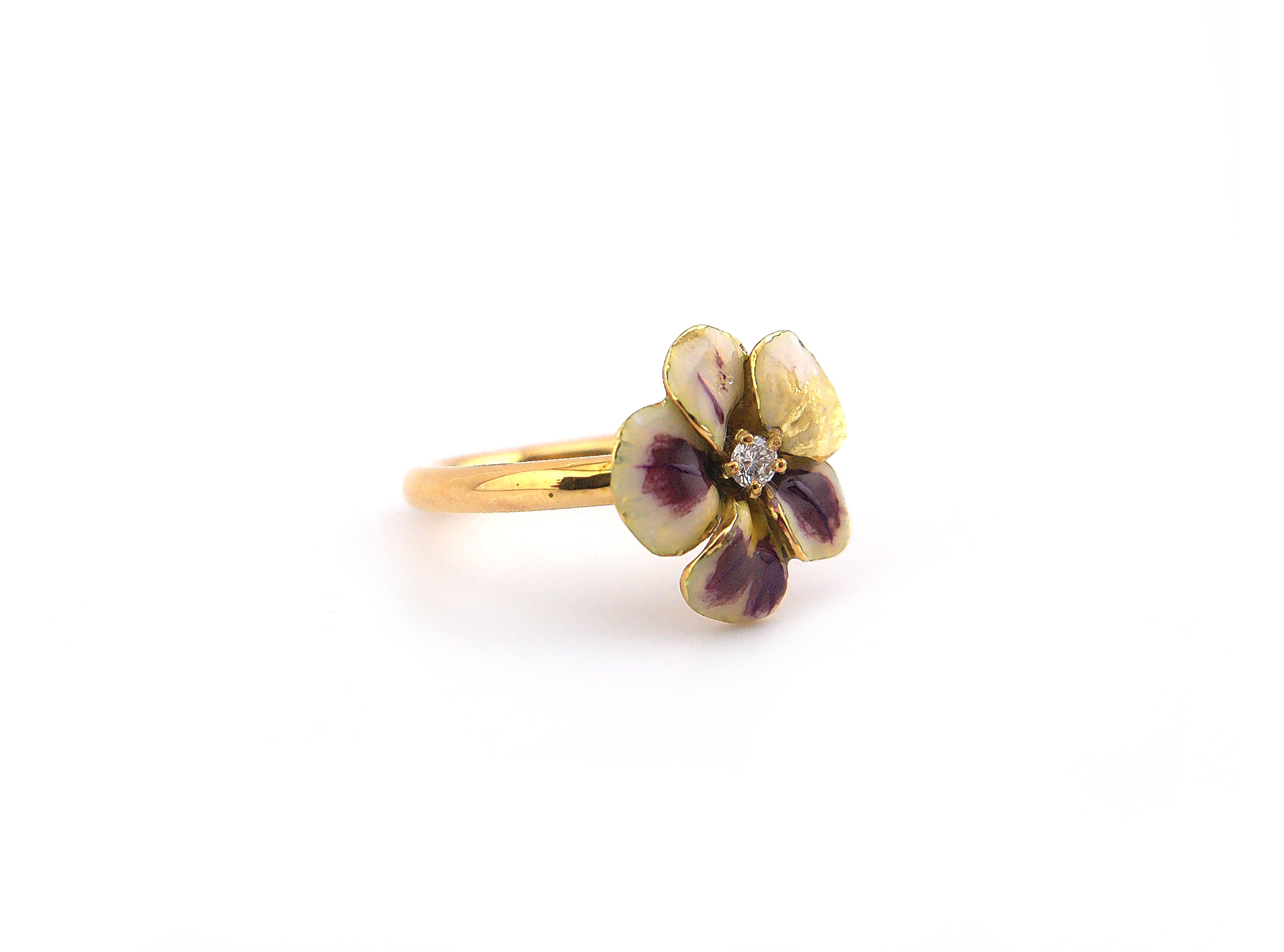Art Deco Giancarlo Montebello Anello Fiore Pansè in Oro 18 kt Smalto e Brillanti