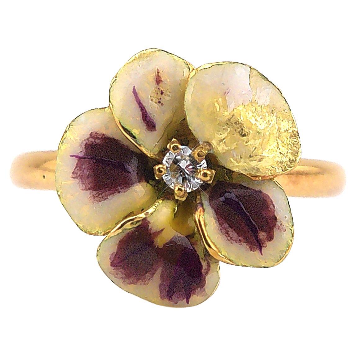 Giancarlo Montebello Anello Fiore Pansè in Oro 18 kt Smalto e Brillanti