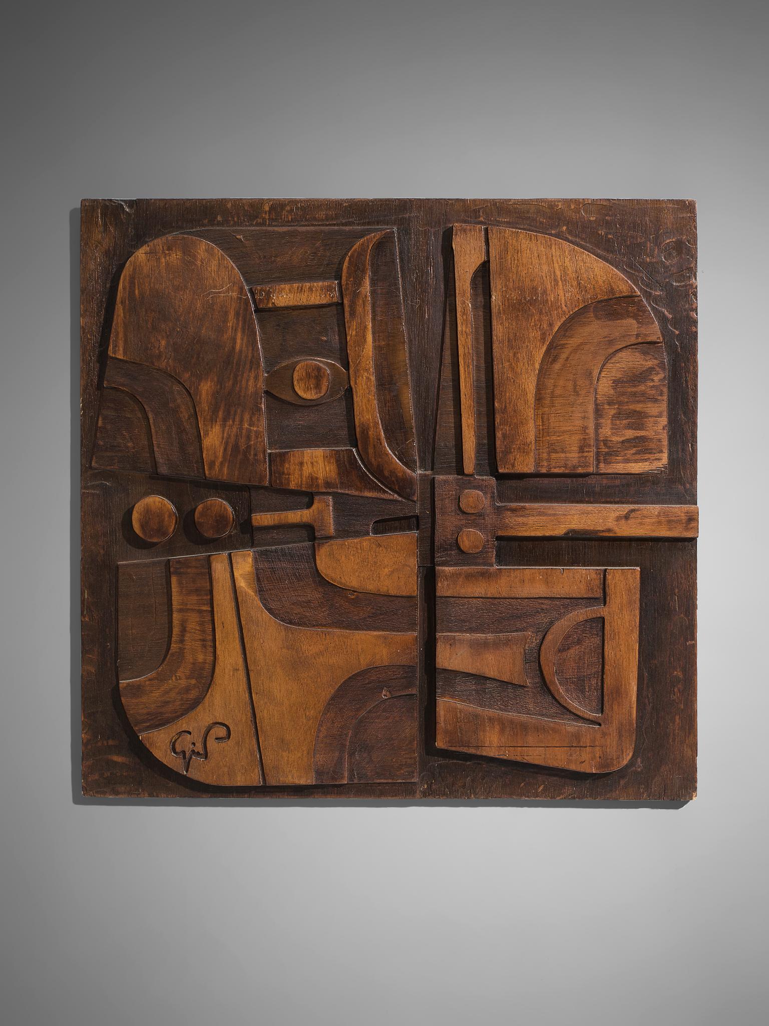 Giancarlo Patuzzi, wall panel, wood, Italy, circa 1970s.

This rare wooden sculptural wall-mounted artwork is designed by Giancarlo Patuzzi. An Abstract Constructivist piece, composed by carved, geometric wooden forms. During his career, Patuzzi