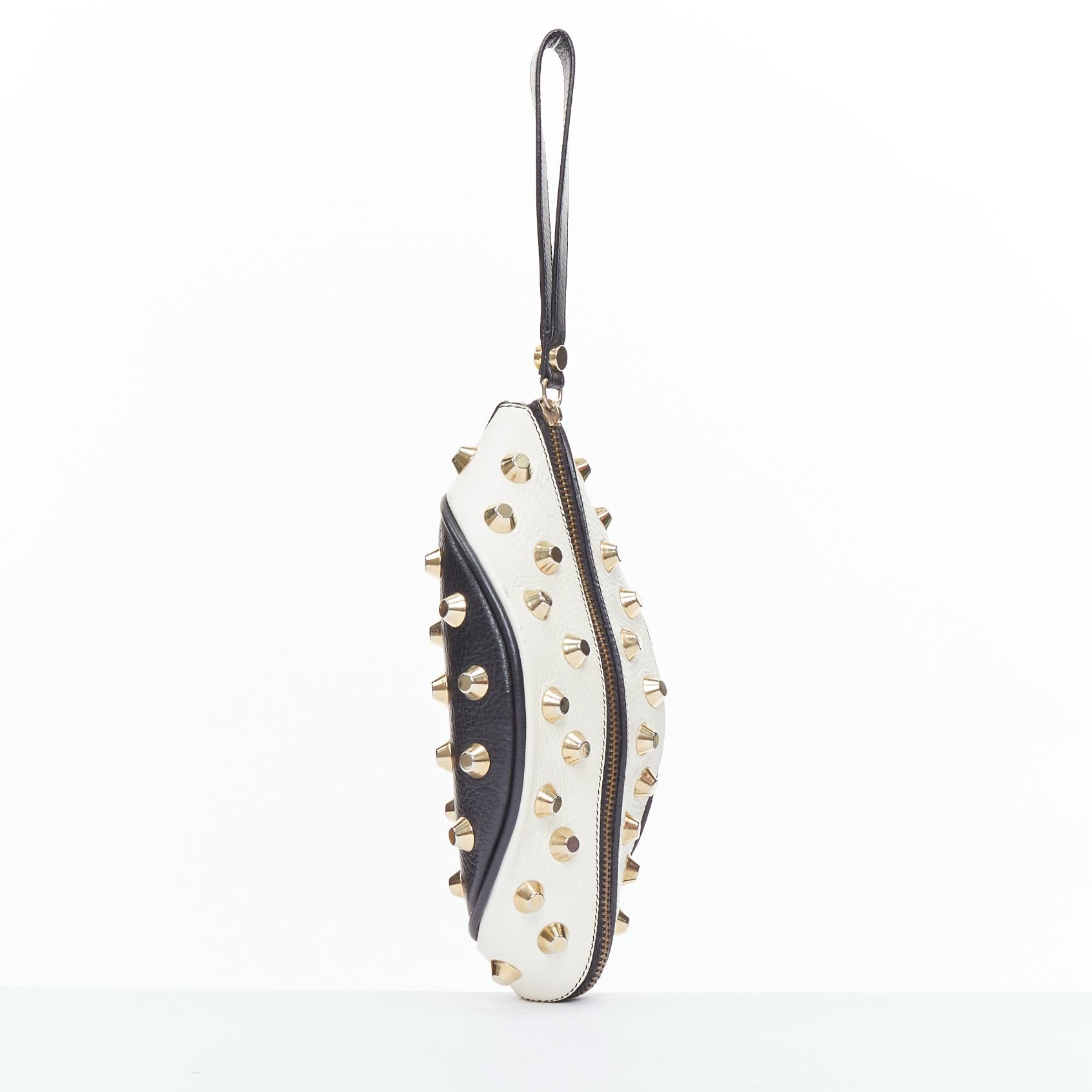 Beige GIANCARLO PETRIGLIA white back leather gold studded wristlet clutch bag For Sale