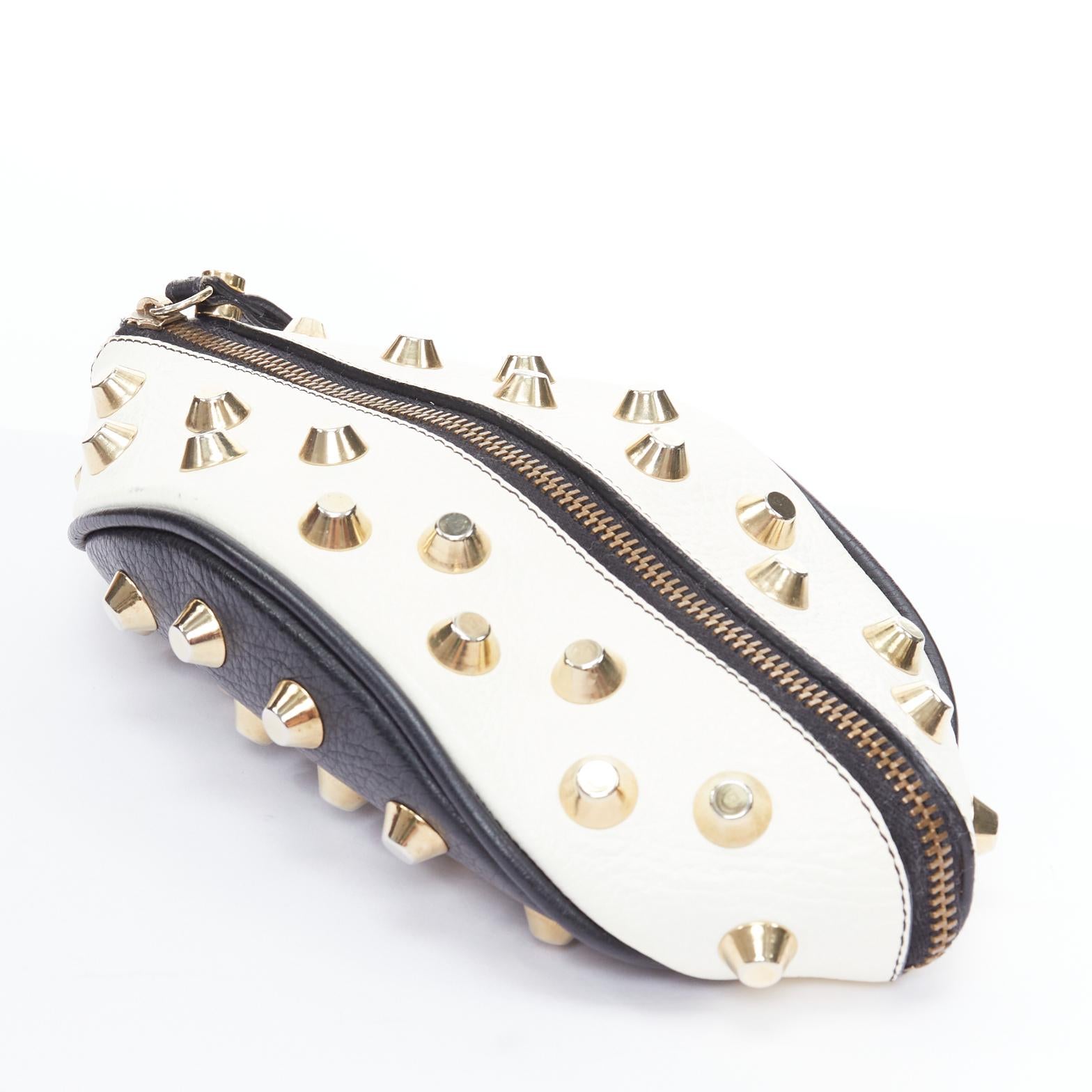 Women's GIANCARLO PETRIGLIA white back leather gold studded wristlet clutch bag For Sale