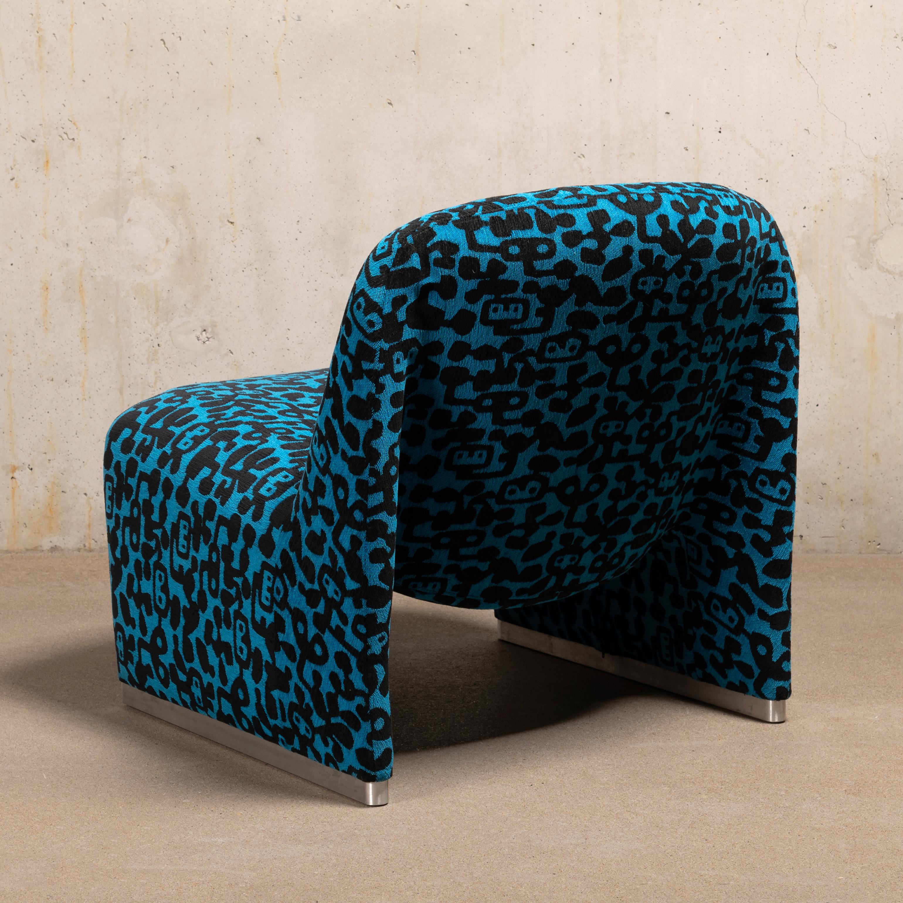 Dutch Giancarlo Piretti Alky Lounge Chair in Blue Fabric with Black Pattern, Artifort