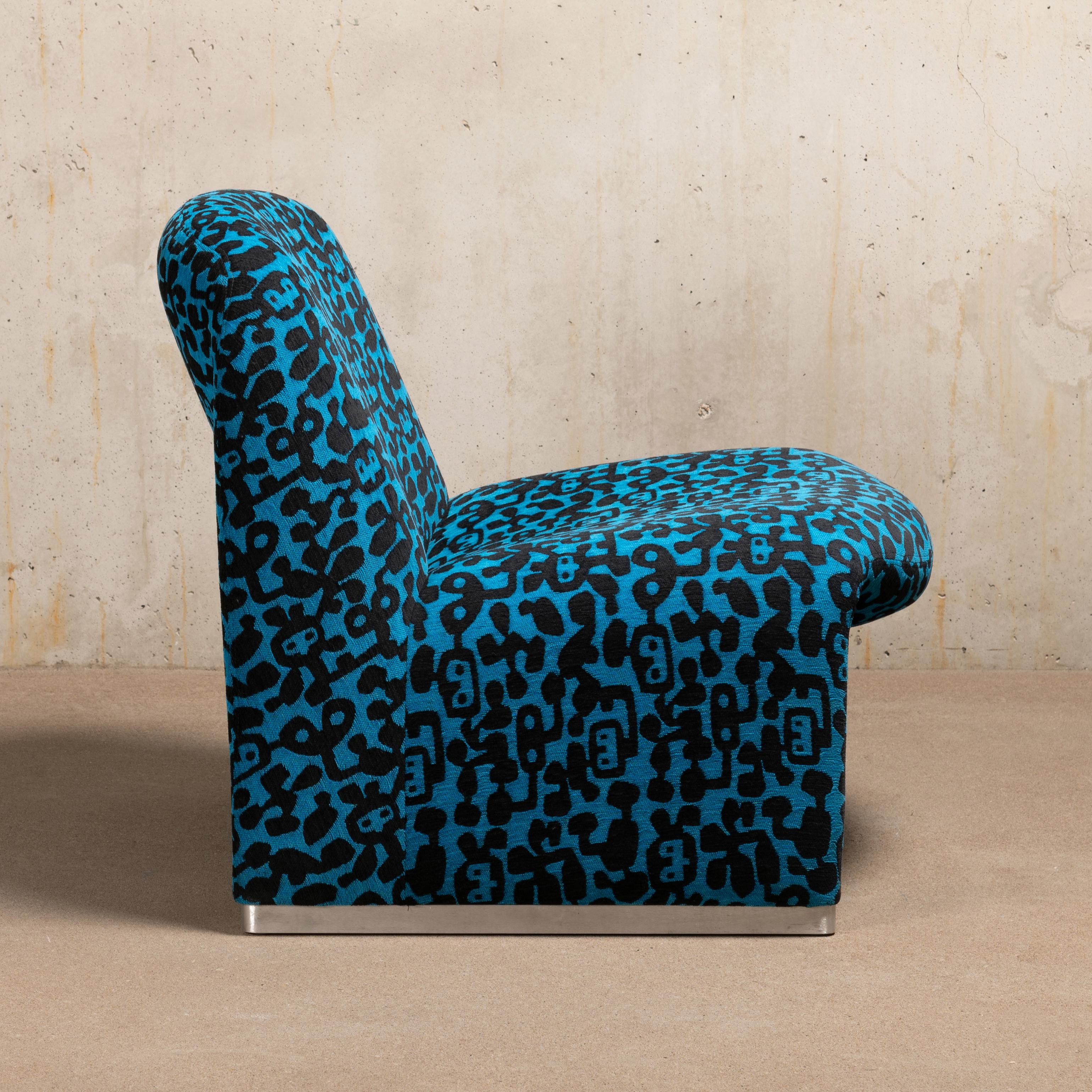 Steel Giancarlo Piretti Alky Lounge Chair in Blue Fabric with Black Pattern, Artifort